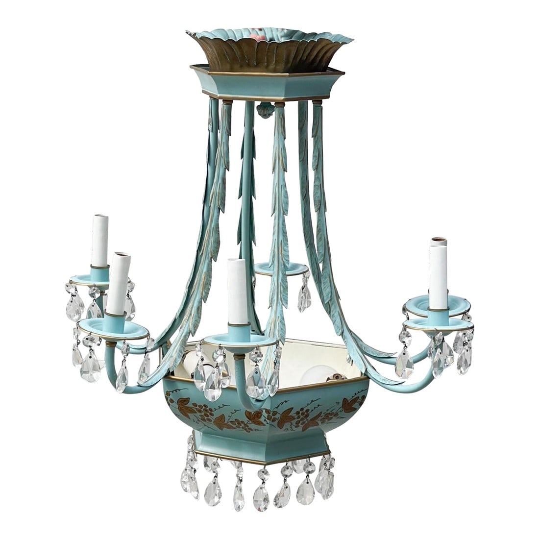 Vintage French Tiffany Blue and Gold Gilt Tole Metal Chandelier With Clear Crystals (1 of 11)