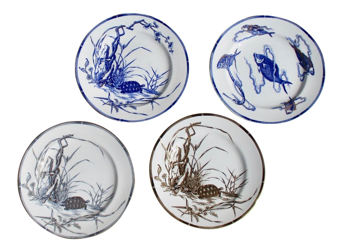 Four Royal Worcester Hand Painted English Porcelain Serving Dishes 1870's - a Set of 4: Four Royal Worcester handpainted and gilt serving dishes. Each a different study in Blue, Silver, Gold. Three of a turtle by shrubs in blue, silver and gold. The fourth is a study of fishes in the