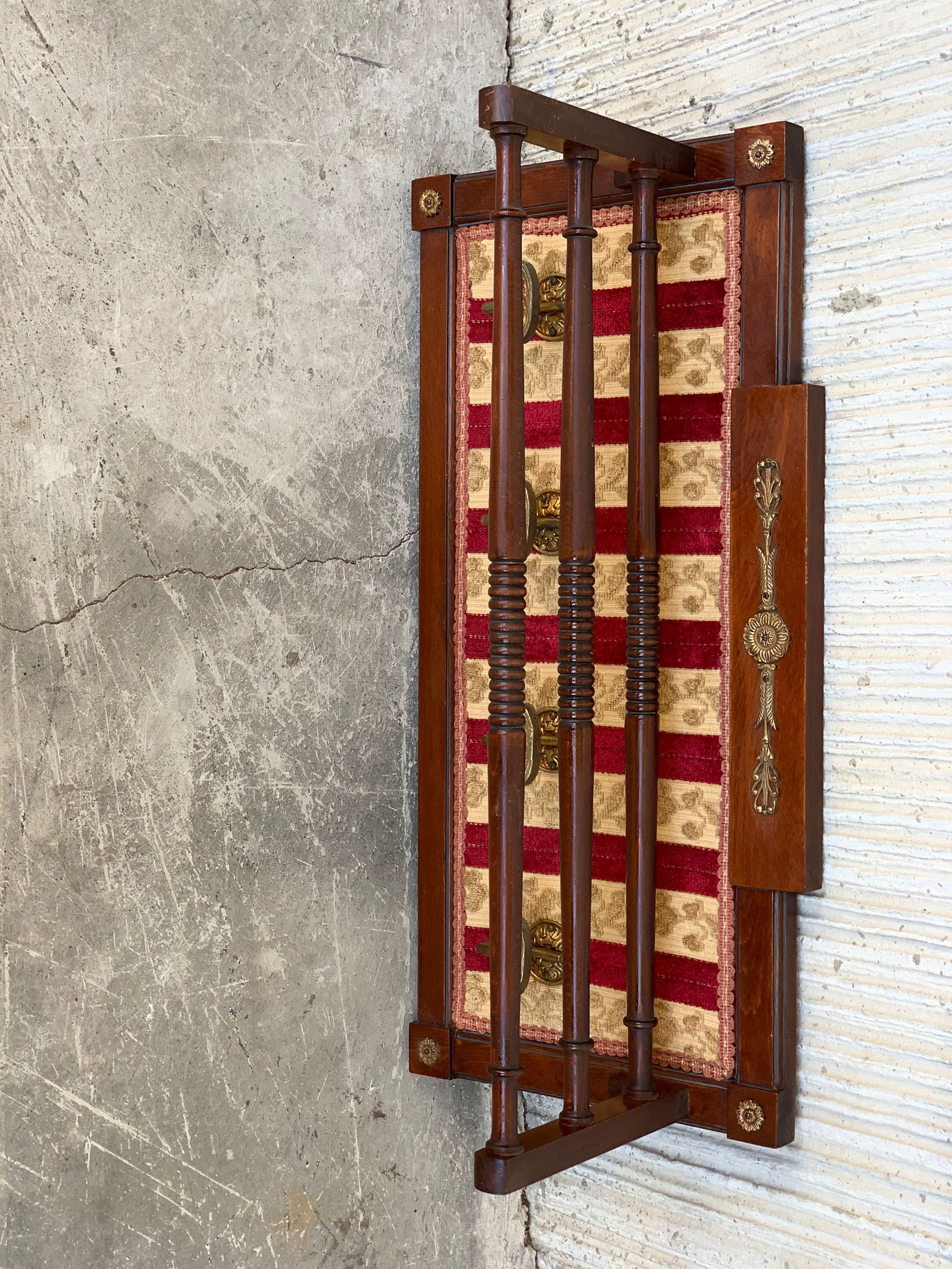 1950s Italian Design Midcentury Brass and Velvet Wall Coat Rack - 4