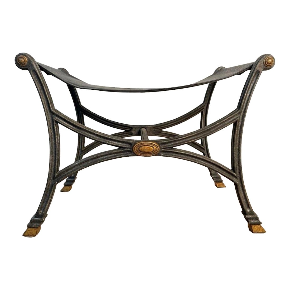 Vintage Wrought Iron X-Frame Ottoman Bench With Leather Seat and Gold Accents (1 of 12)