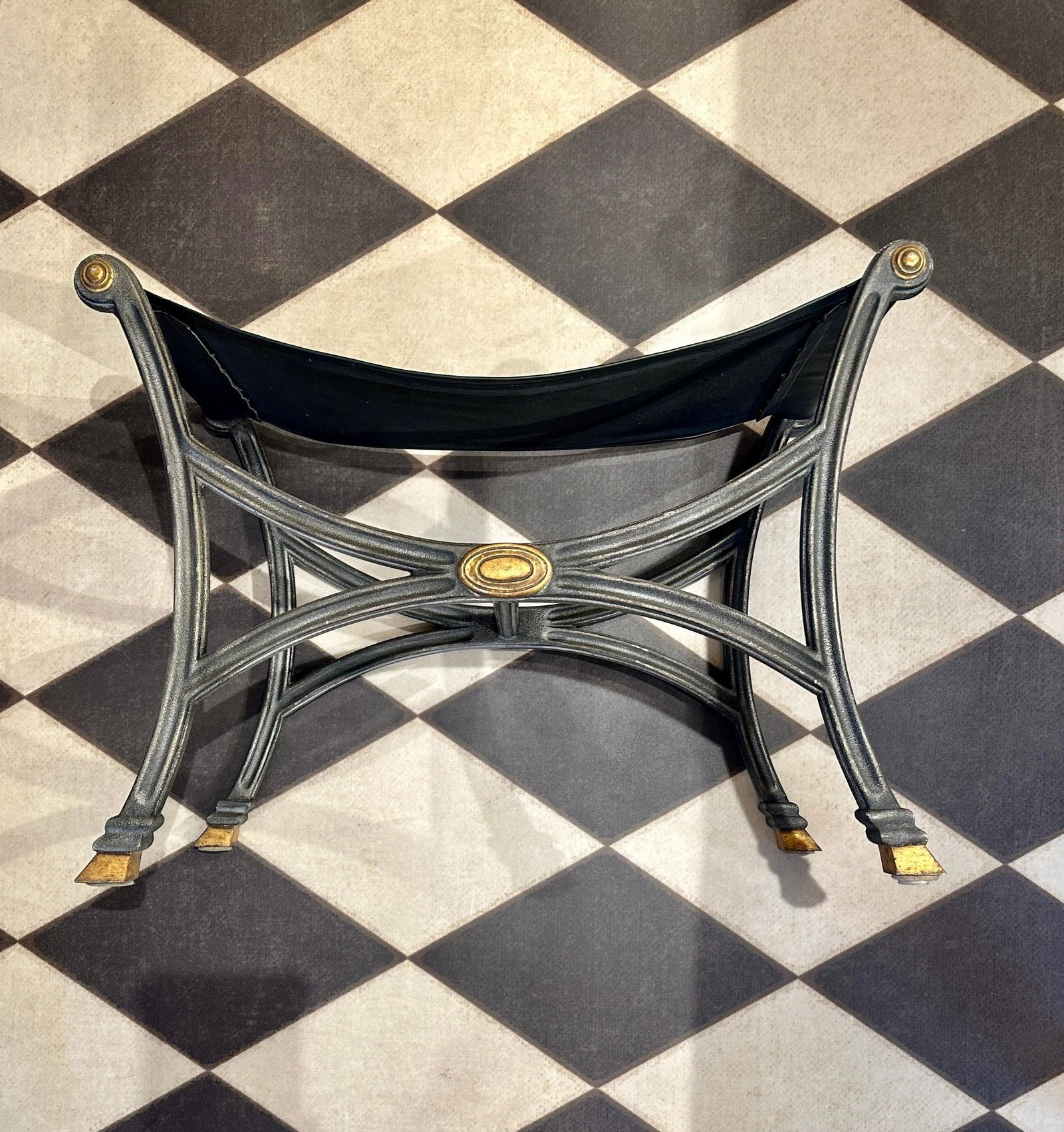 Vintage Wrought Iron X-Frame Ottoman Bench With Leather Seat and Gold Accents - 2