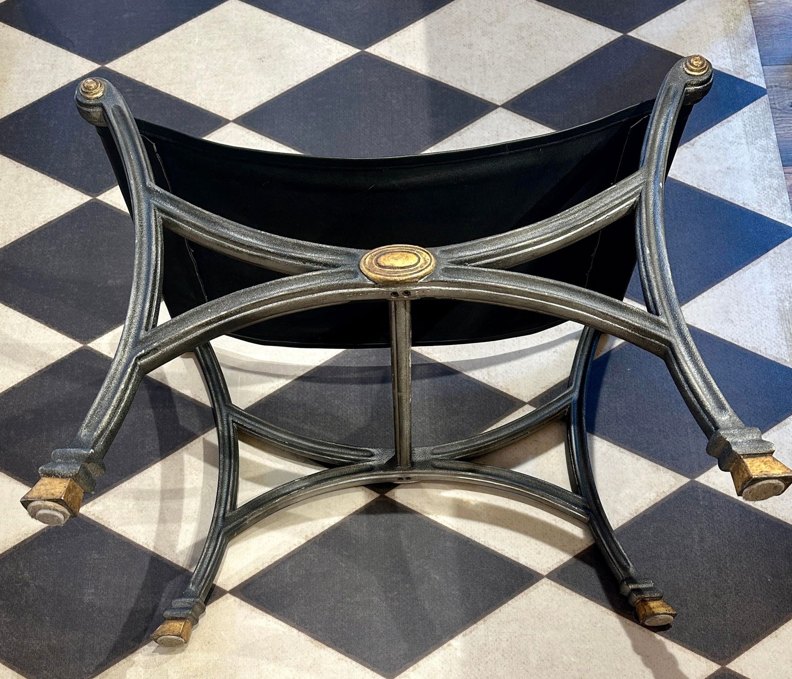 Vintage Wrought Iron X-Frame Ottoman Bench With Leather Seat and Gold Accents - 5