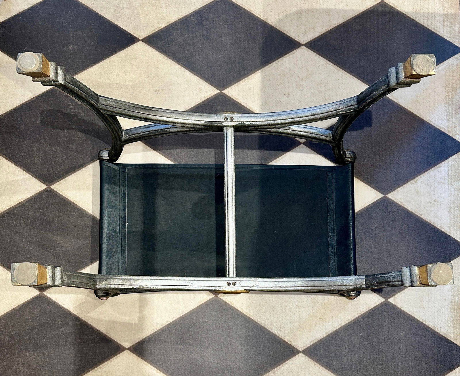 Vintage Wrought Iron X-Frame Ottoman Bench With Leather Seat and Gold Accents - 7