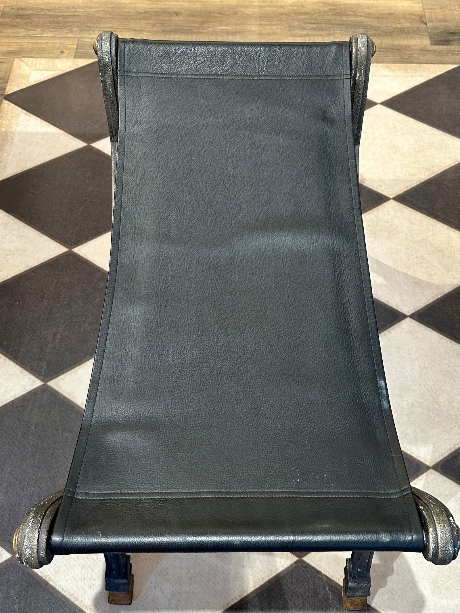 Vintage Wrought Iron X-Frame Ottoman Bench With Leather Seat and Gold Accents - 8