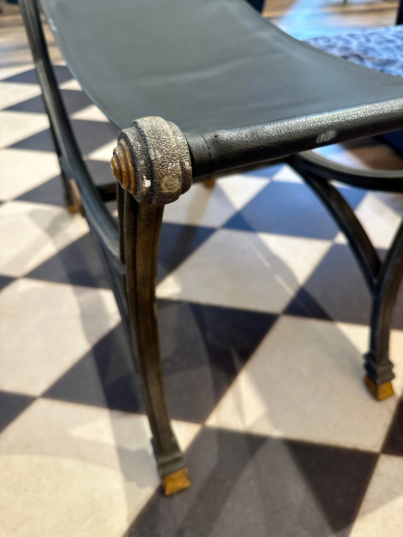 Vintage Wrought Iron X-Frame Ottoman Bench With Leather Seat and Gold Accents - 9