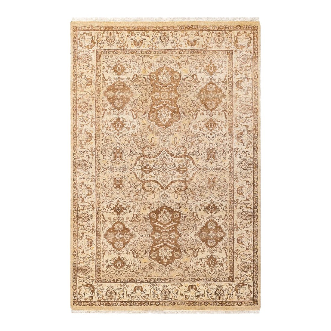 Mogul, One-of-a-Kind Hand-Knotted Area Rug - Yellow, 4' 0" x 6' 2": With understated palettes and allover designs, the rugs in the Mogul Collection will bring timeless sophistication to any room. Influenced by a spectrum of Turkish, Indian, and Persian designs, the