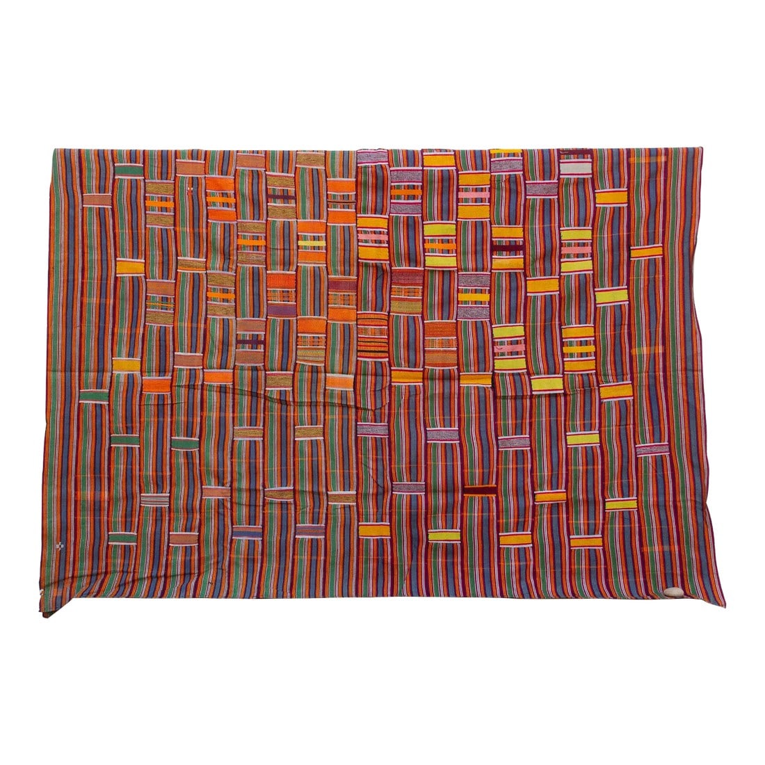 Antique Asante Kente Heirloom: This exquisite Asante Kente cloth is a vibrant celebration of color and pattern. Handwoven with meticulous care, it features a lively striped background in shades of blue, red, yellow, and green,