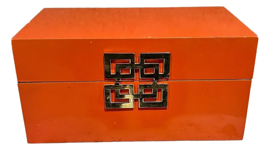 Vintage Orange Box Decorative Geometric Gold Accent: AMBIANIC presents Vintage hinged orange box geometric accent no signature or label. Not perfect, original paint has minor scuffs on finish. Structure is firm and solid. Opens and closes with ease.