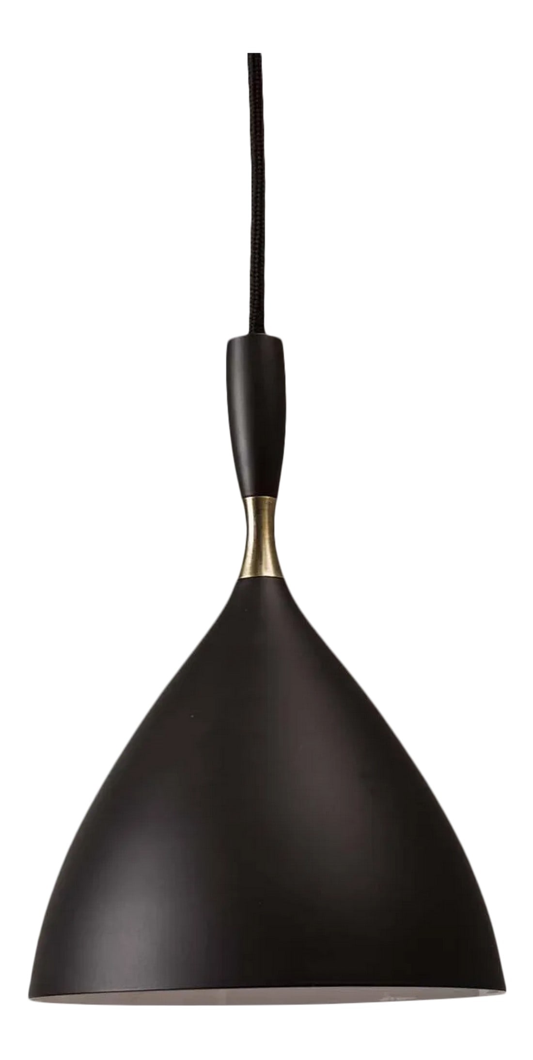Birger Dahl Pendant in the Style of Stilnovo: Birger Dahl pendants in the style of Stilnovo. Architectural pendant lights designed circa 1954 and executed in black enameled metal with exquisite brass detail. 36" custom black cloth cord and brass