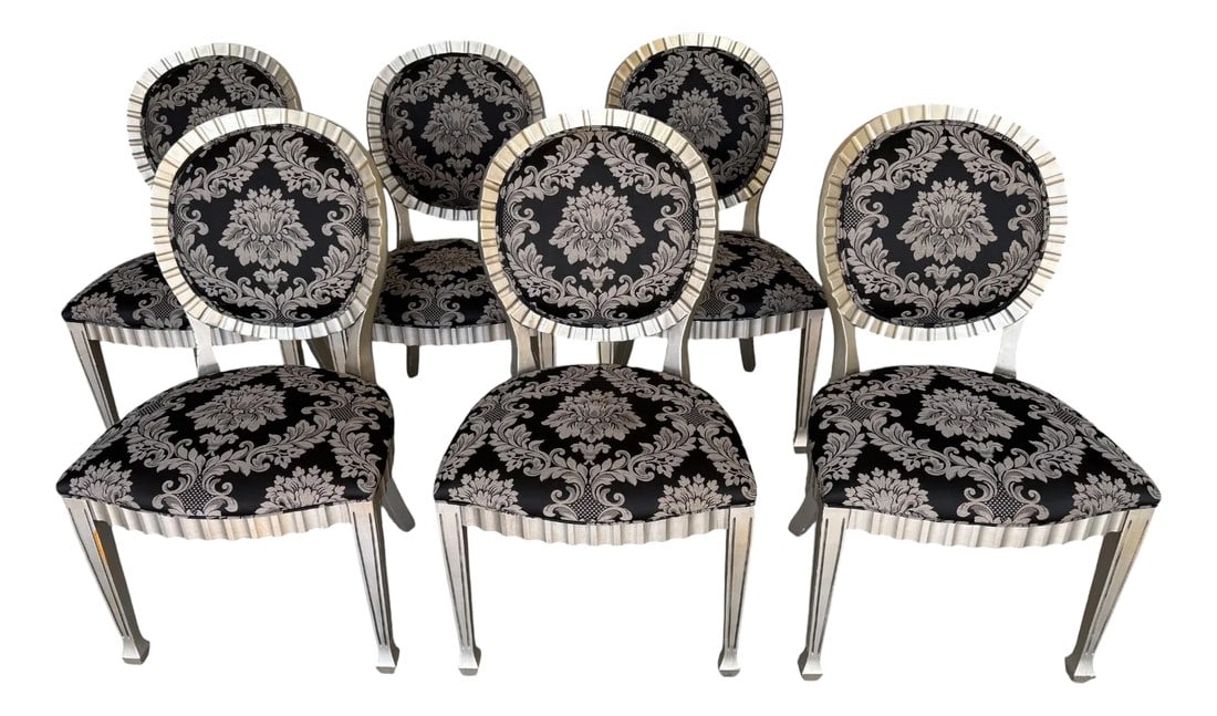 Set of Six Andre Originals Regency Style Silver Painted Wood Dining Chairs: Set of Six Andre Originals Regency Style Silver Painted Wood Dining Chairs These unique chairs sport a silver painted frame with grooves around the perimeter. The upholstery has a black base and