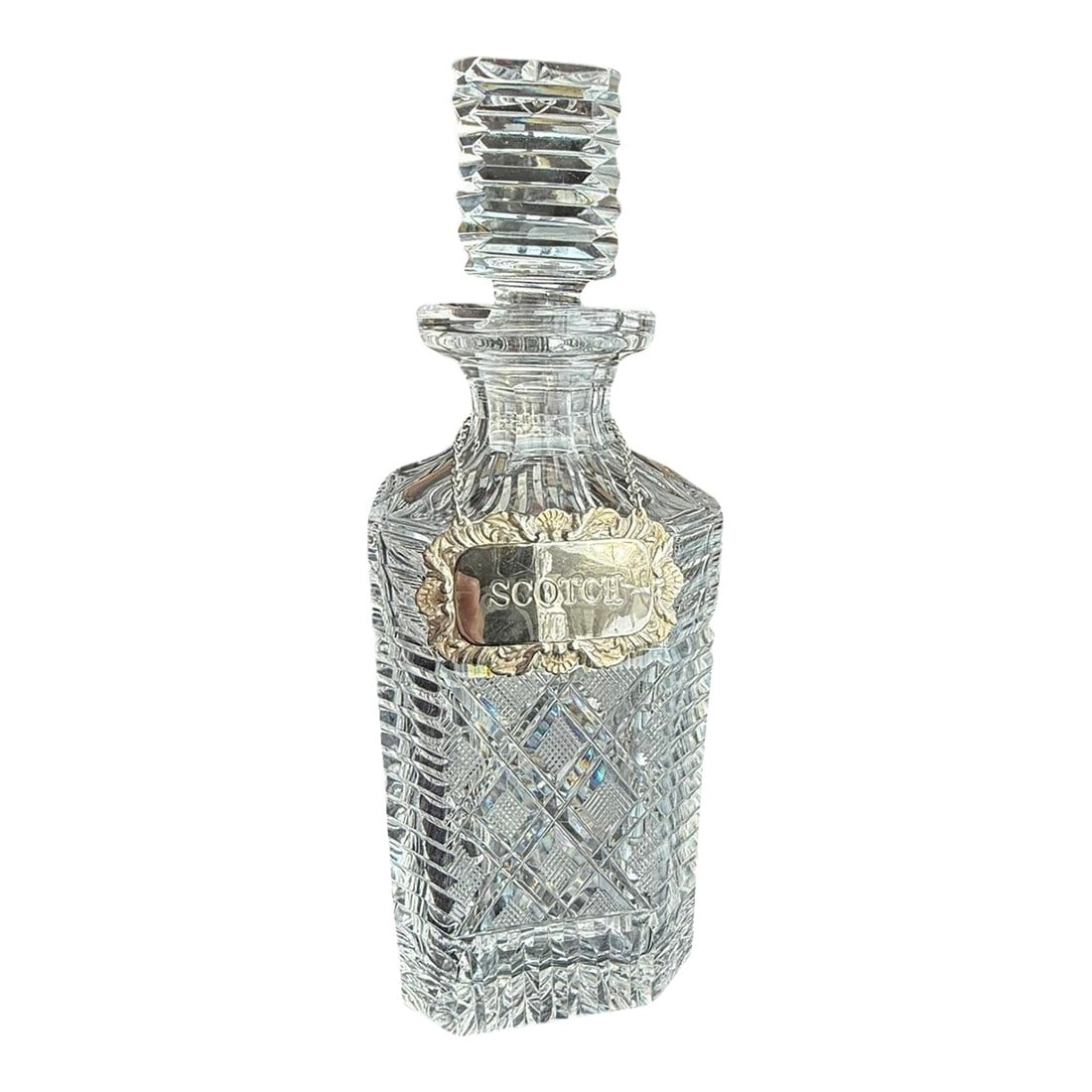 Vintage Scotch Waterford Crystal Strawberry Square Master Cutter Spirits Decanter with Silver-Plate: Offering a vintage square master cut crystal decanter by Waterford in excellent condition and matching stopper. Included is a silver plated tag "˜Scotch'. This listing is one of three of a