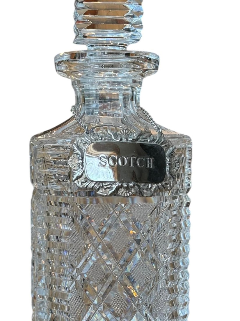 Vintage Scotch Waterford Crystal Strawberry Square Master Cutter Spirits Decanter with Silver-Plate - 6