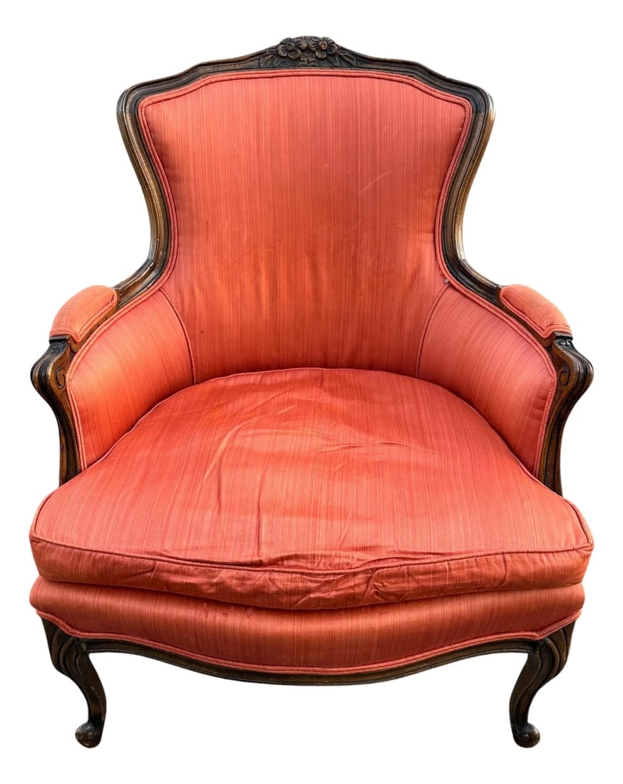 Mid 20th Century French Mid-Century Bergere Chair by Meyer Gunther Martini: Quick Hits: "• Authentic Meyer Gunther Martini French bergère chair "• Striking coral moiré silk upholstery "• Hand-carved wood frame with floral crest detail "•