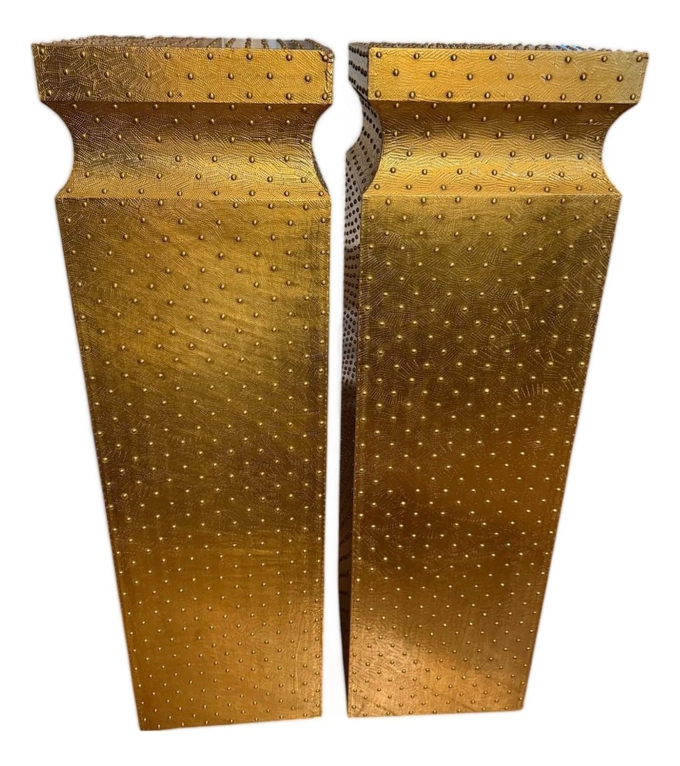 Global Views Studio a Circo Brass Pedestals - A Pair: Global Views Studio a Circo Brass Pedestals - A Pair Hand-embossed brass sheet is tightly wrapped around the wooden form, then held in place by multiple, hand-hammered, brass-tipped finishing nails.