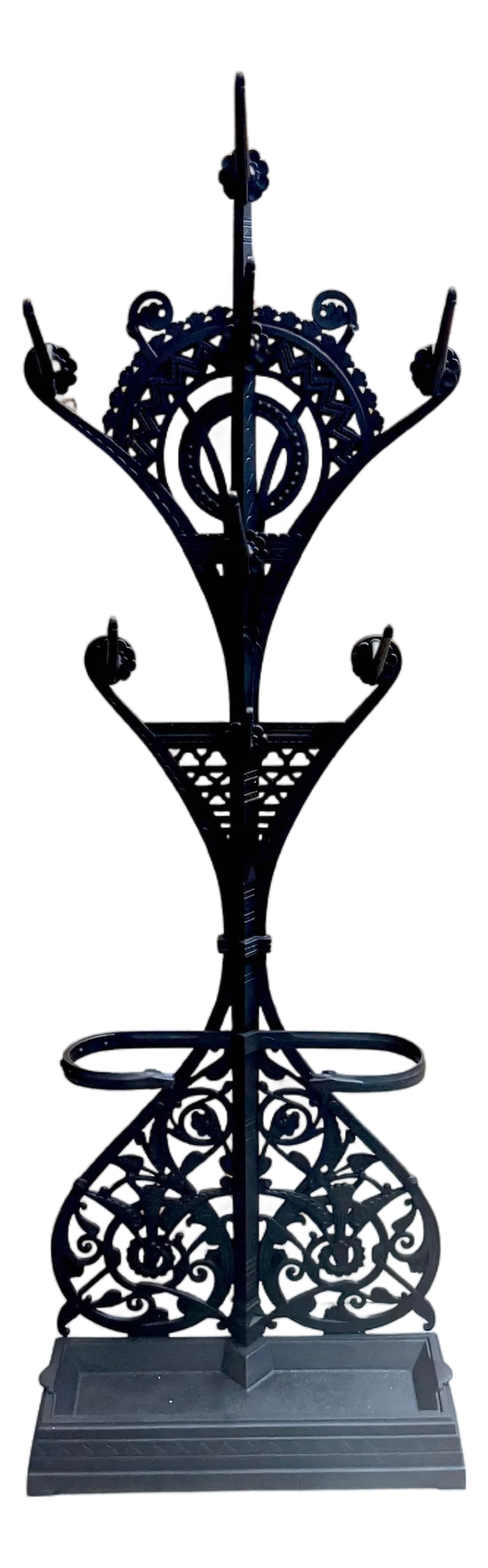Christopher Dresser for Coalbrookdale, Cast Iron Aesthetic Movement Hall Stand: Christopher Dresser for Coalbrookdale, Cast Iron Aesthetic Movement Hall Stand, English Registration Number 214965, Date of Registration: October 17, 1868 A rare and architecturally striking cast
