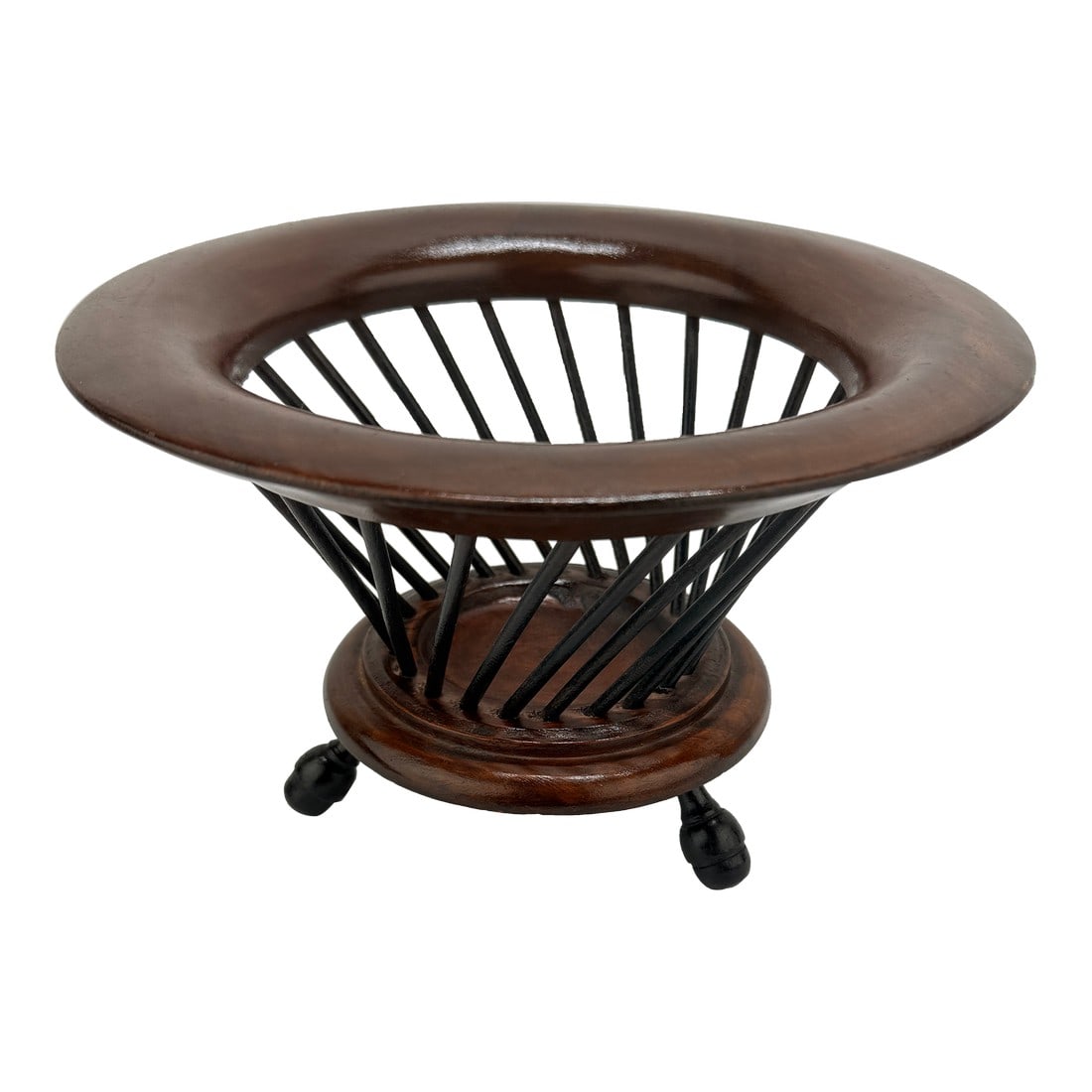 19th C, Anglo-Indian Turned Teak and Ebonized Wood Basket on Acorn Feet: Late 19th to Early 20th Century Anglo-Indian Turned Teak and Ebonized Wood Basket on Feet British Colonial, likely Madras Presidency (Chennai region), circa 1880–1920 A finely turned and