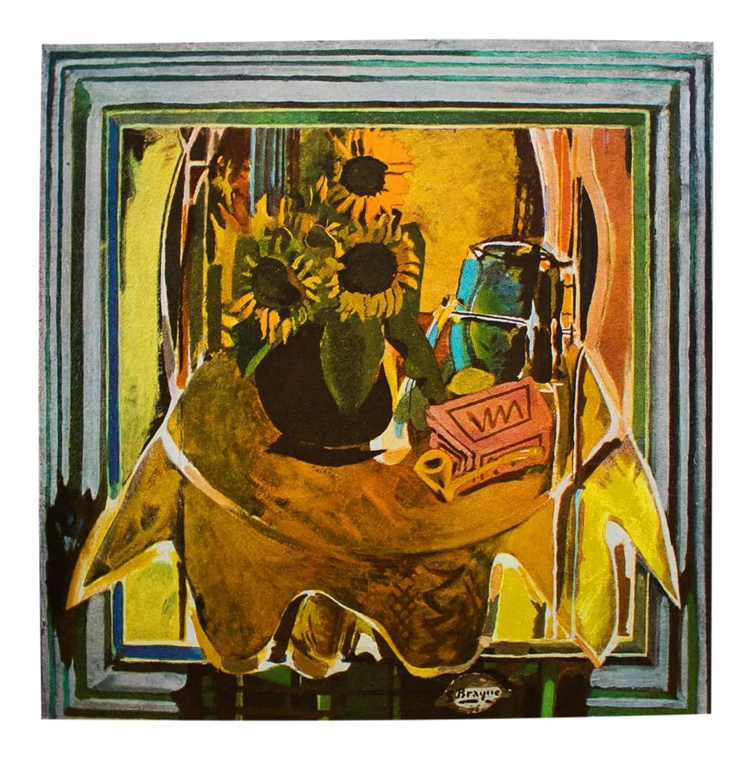 1940s After Georges Braque "Sunflowers", First Edition Period Cubist Swiss Offset Lithograph: A rare vintage First Edition period Cubist offset lithograph, full-color print, of painting "Sunflowers" (1946) by Georges Braque. Comes from a rare first limited edition art folio published in the