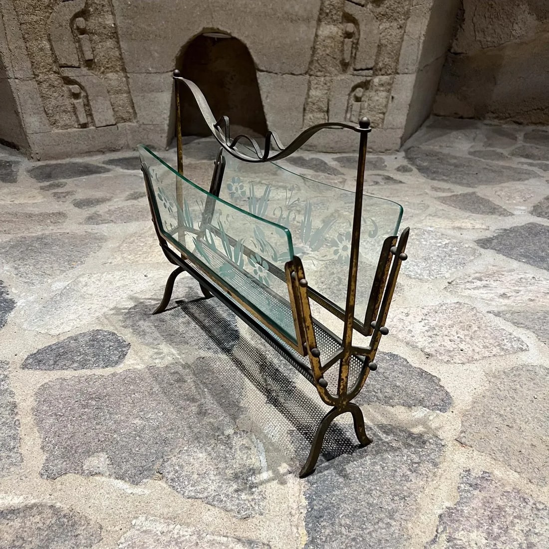1950s Fontana Arte Magazine Rack Venetian Flower Art Glass Italy - 5