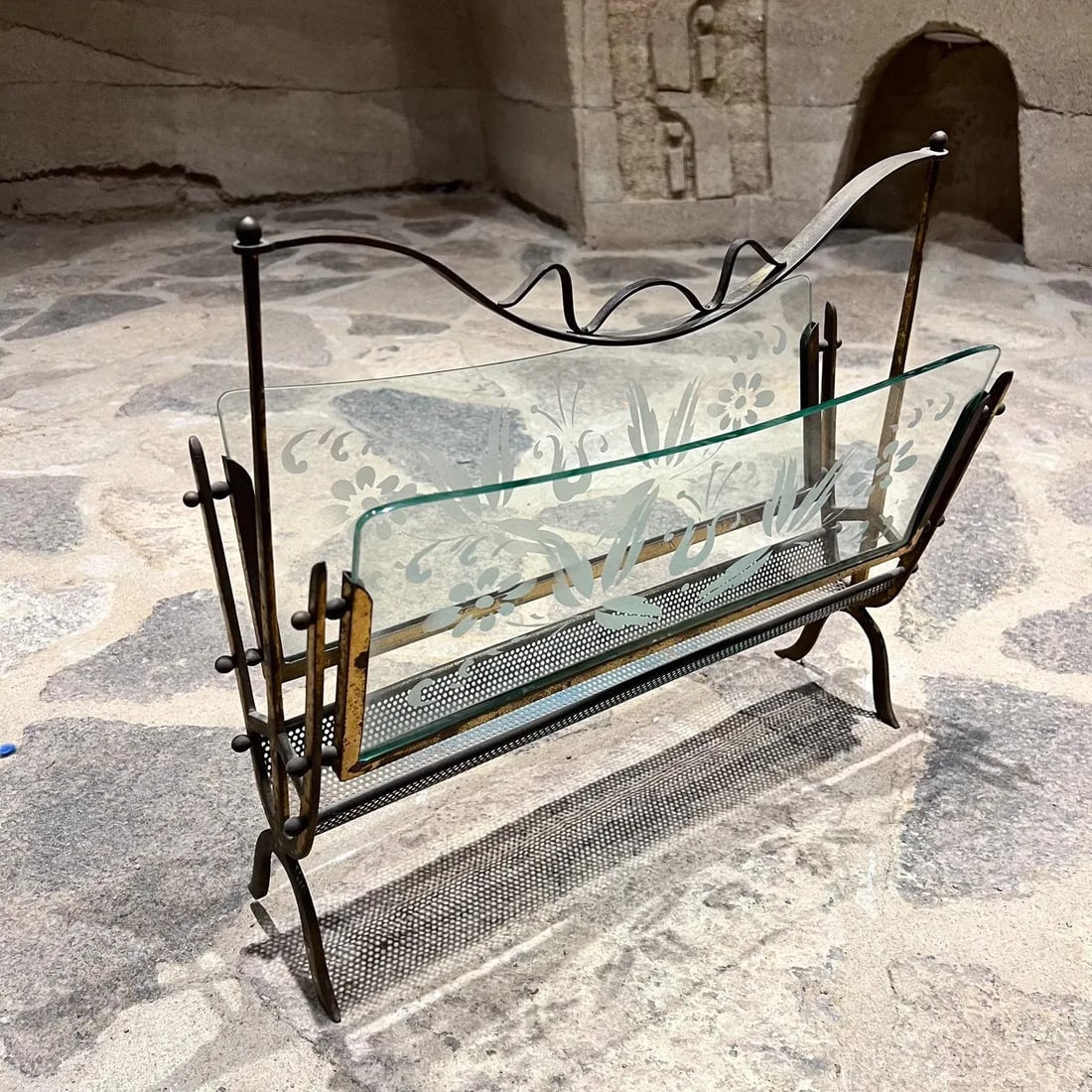 1950s Fontana Arte Magazine Rack Venetian Flower Art Glass Italy - 7