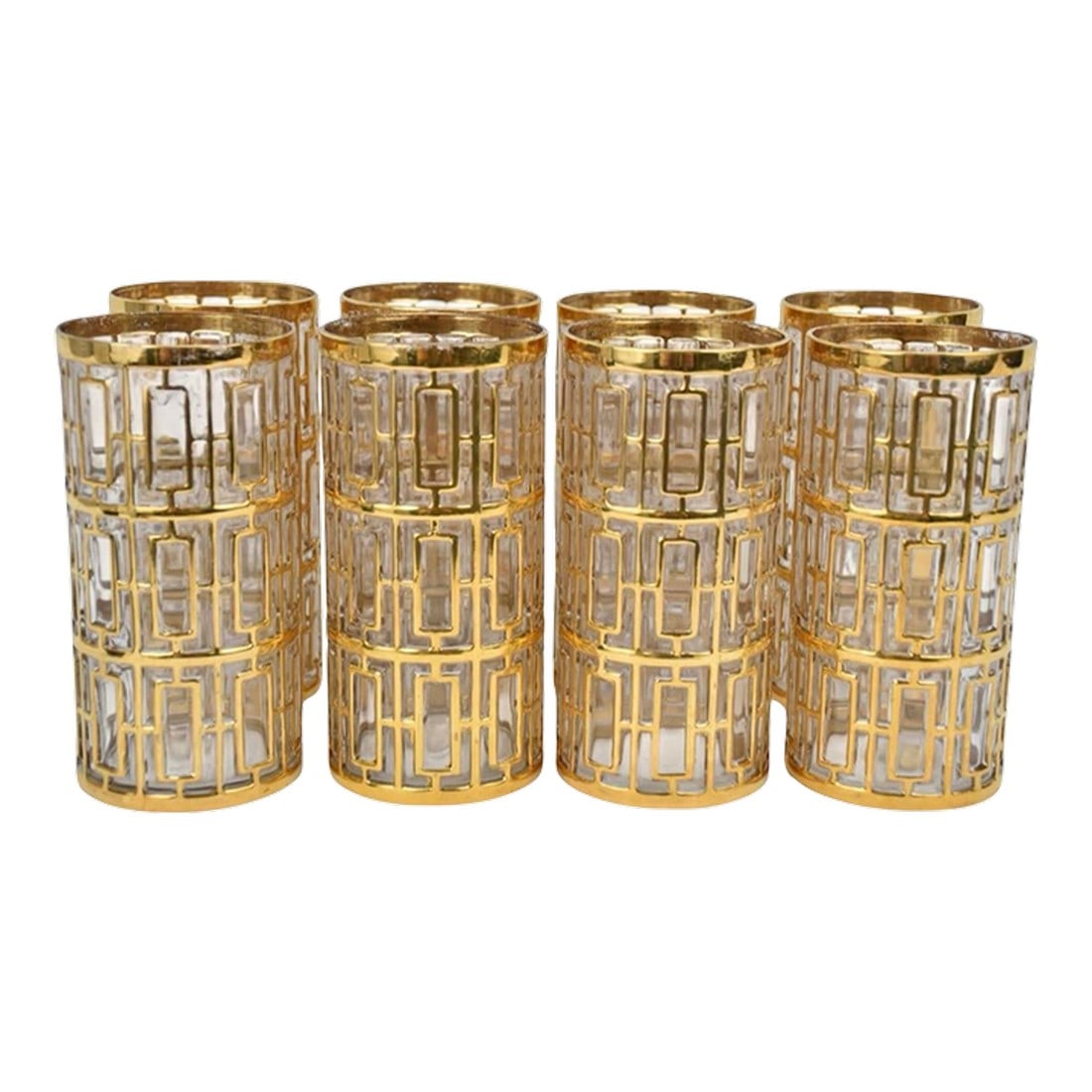1960s Mid-Century Modern Shoji Highball Glasses With 22kt Trellis Detailing by Imperial Glass- Set o: This vintage mid-century modern set of eight 15-ounce highball glasses from the Shoji Gold collection was produced from 1965 - 1979 by Imperial Glass Company of Ohio (1901 - 1984). The Shoji pressed