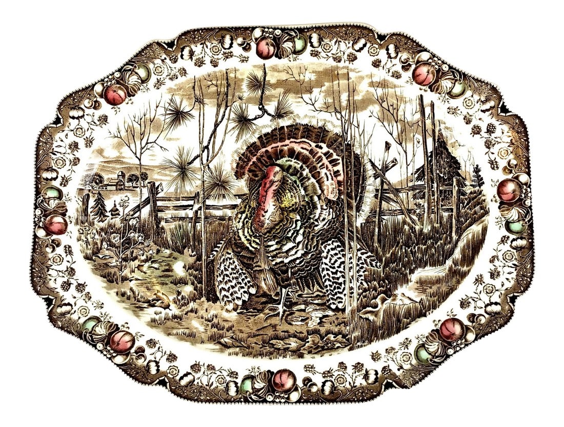 1950s Johnson Bros His Majesty Turkey Giant Platter: An authentic England produced large vintage serving platter featuring the Turkey, by "His Majesty". This gorgeous platter is part of a large collection of complete sets of dinnerware to match. Take a