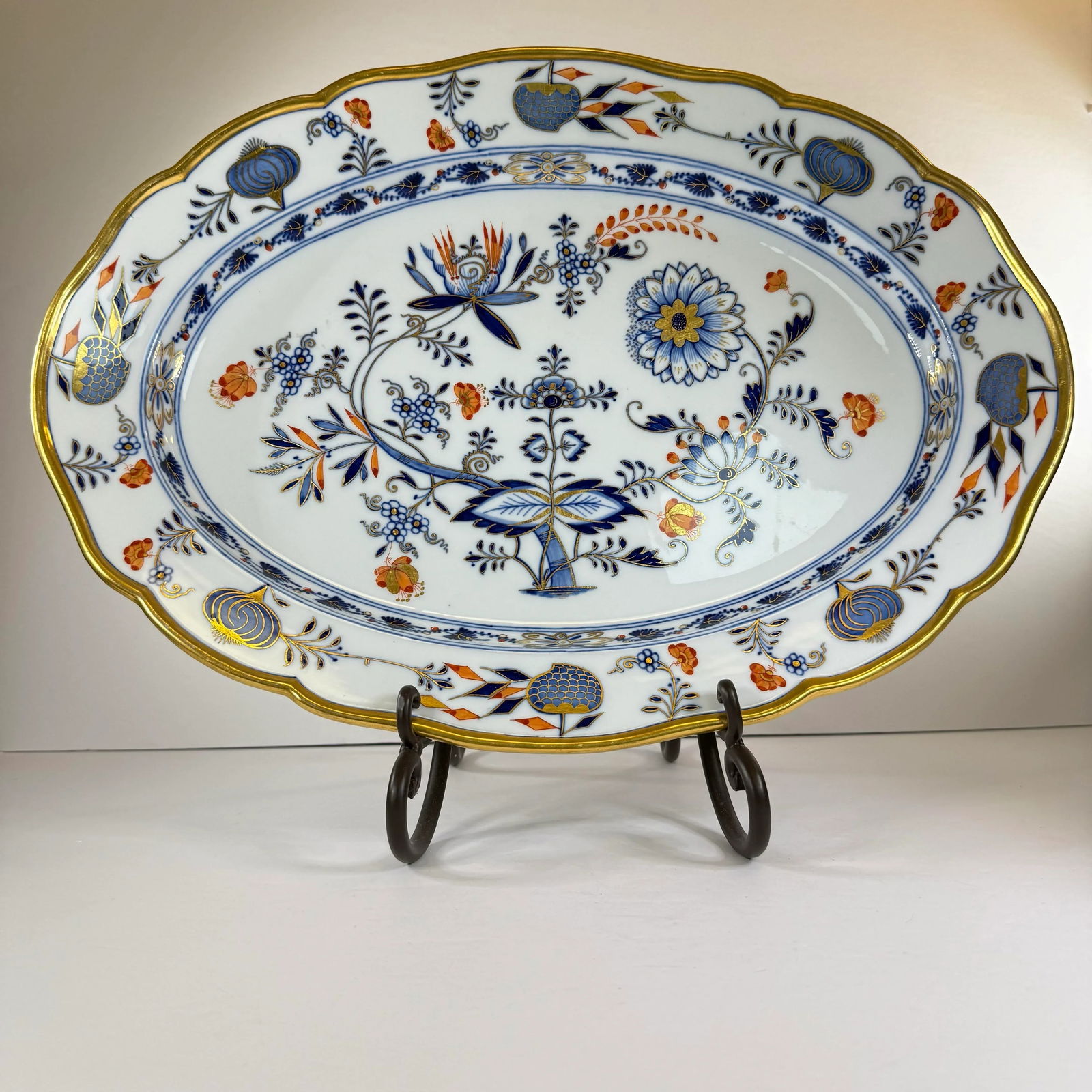Antique Meissen Blue Onion Rich Gilded Large 18" Scalloped Platter - 12
