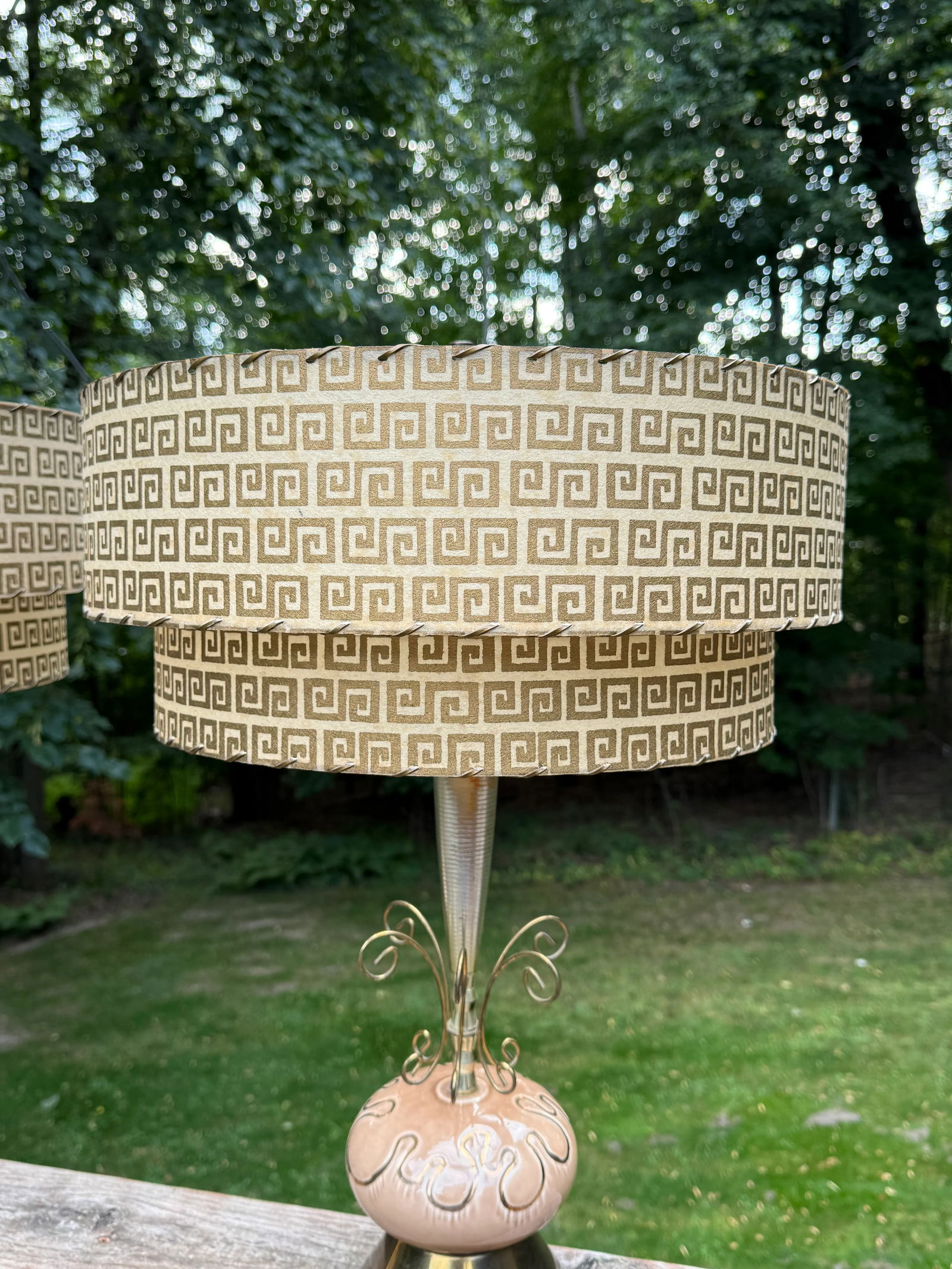 Two-Tier Fiberglass Lampshade With Greek Key Pattern -a Pair - 14