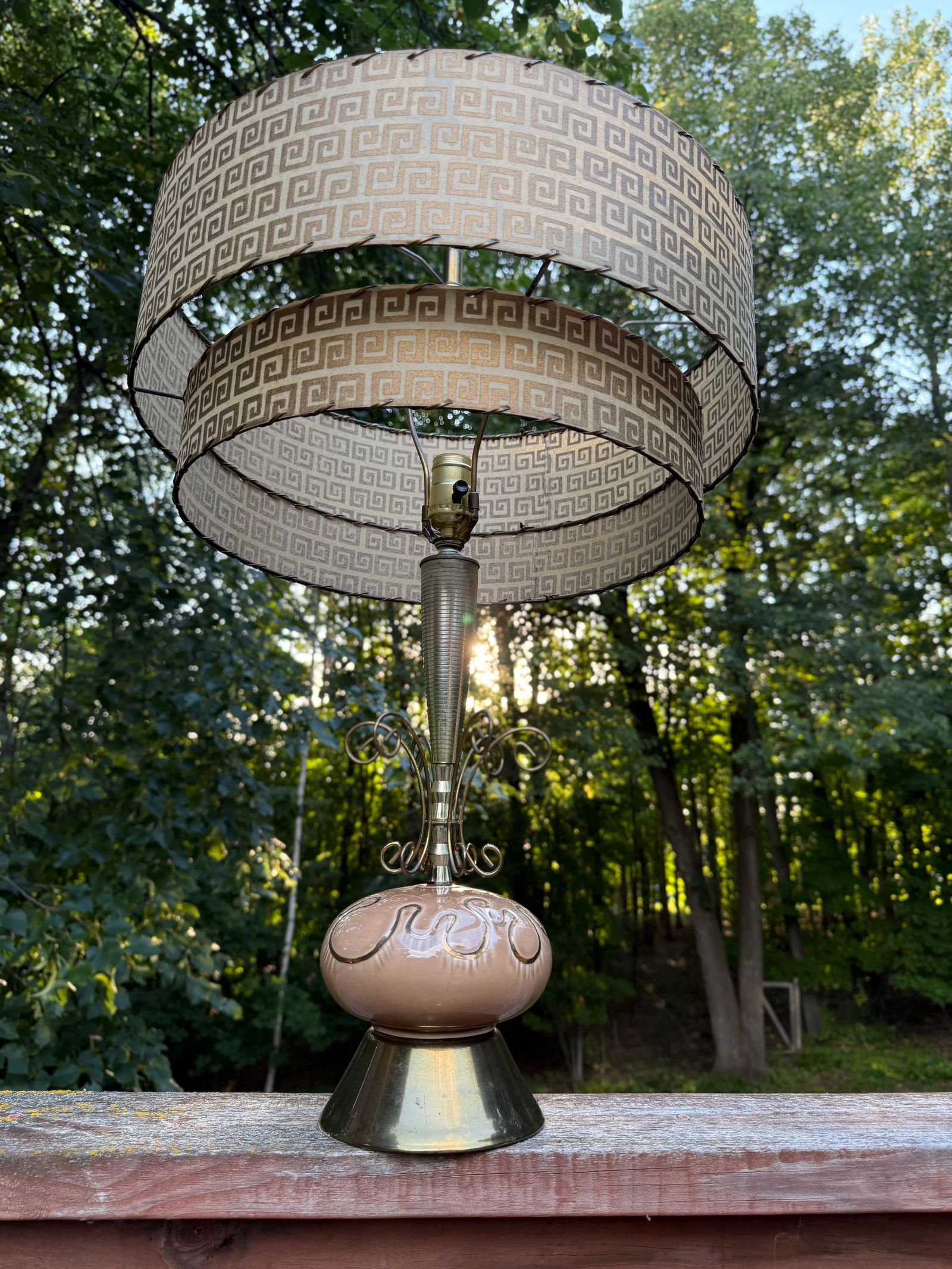 Two-Tier Fiberglass Lampshade With Greek Key Pattern -a Pair - 6