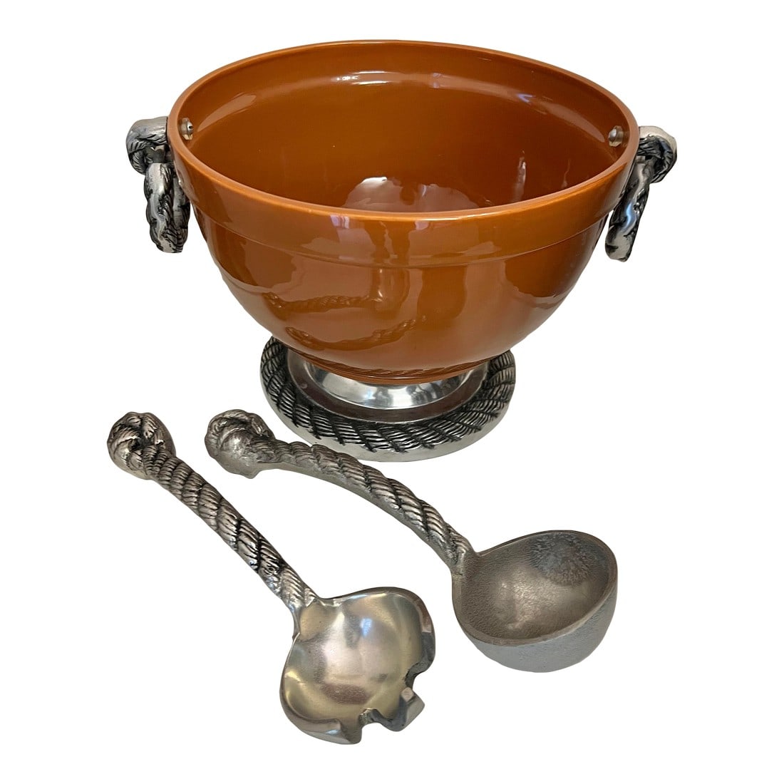 Late 20th Century Decorative Salad Serving Bowl Set With Fork and Spoon Utensils- 3 Pieces: Beautiful Ceramic Carmel Brown Serving Bowl with Silver Rope Design. The metal handle rings and base could be aluminum. Matching Large Fork and Spoon Serving Utensils. Great for serving salad. 