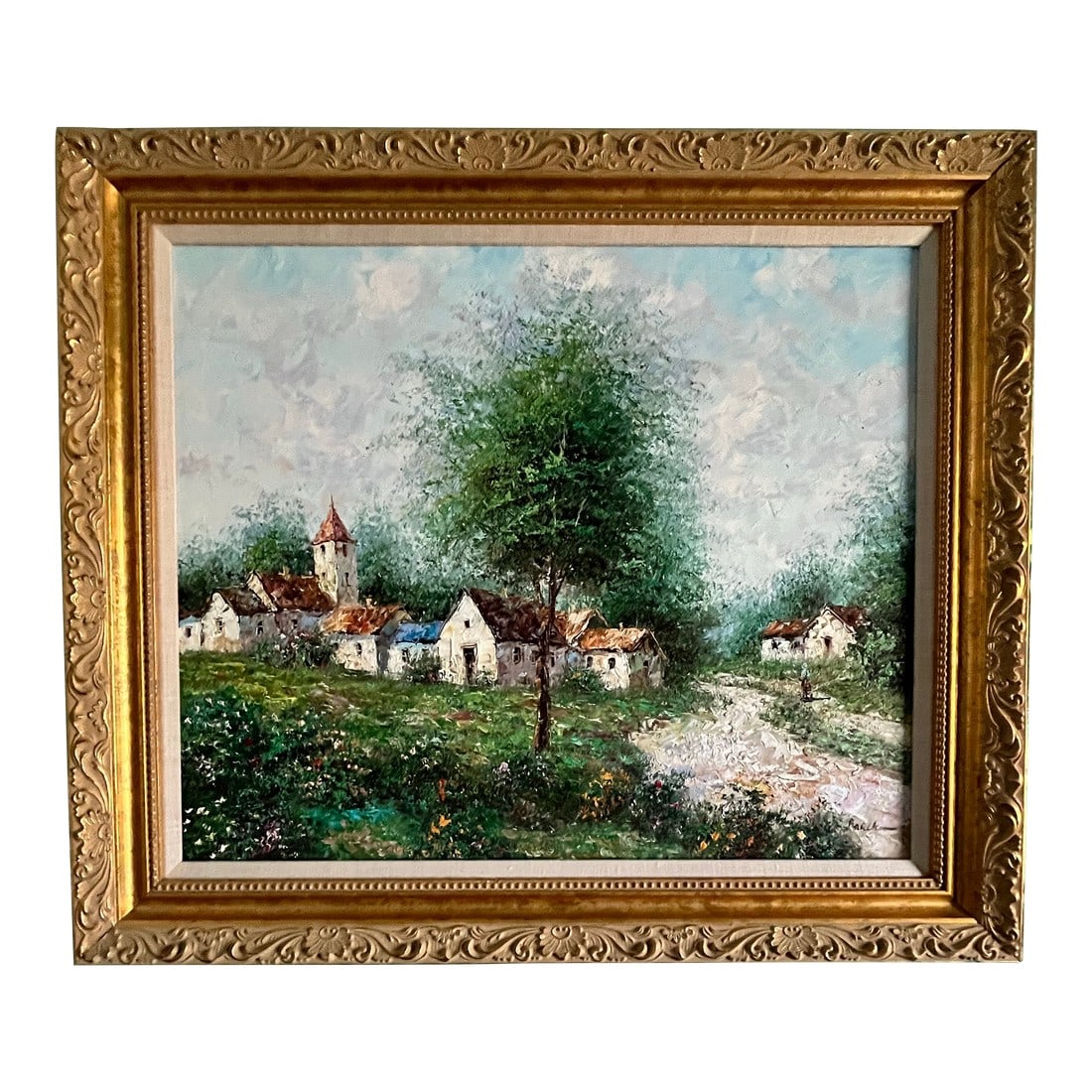 Mid-Century German Village Landscape "” Signed Oil on Canvas by Theo Rauscher, C. 1957: This original hand-painted oil on canvas captures a tranquil German village scene, offering a nostalgic glimpse into mid-century European life. A modest church anchors the composition, its bell tower
