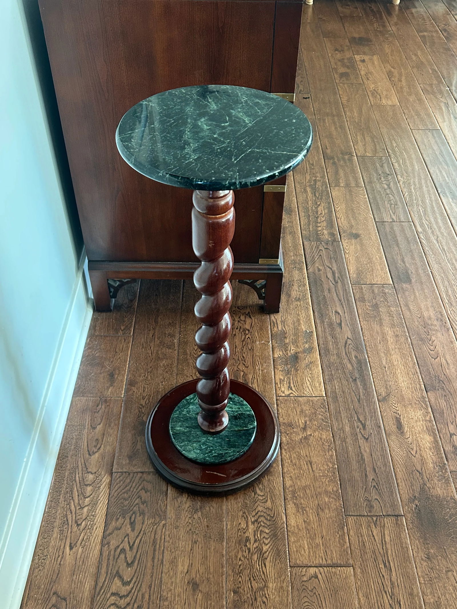 Vintage Marble Top Pedestal or Plant Stand Barley Twist Mahogany Base, Jacobean Style - 11