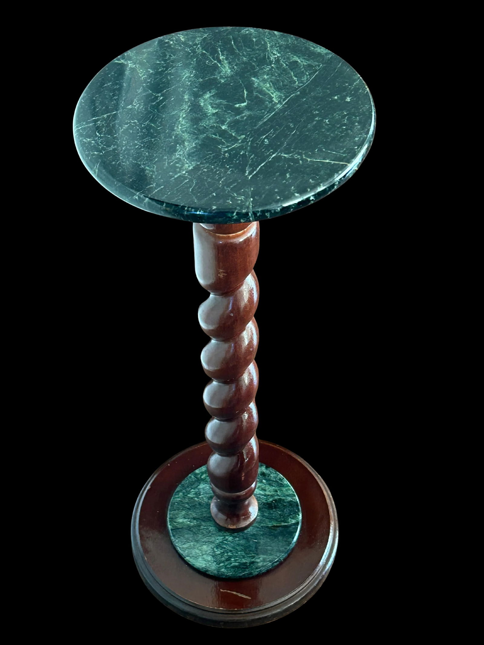 Vintage Marble Top Pedestal or Plant Stand Barley Twist Mahogany Base, Jacobean Style - 2