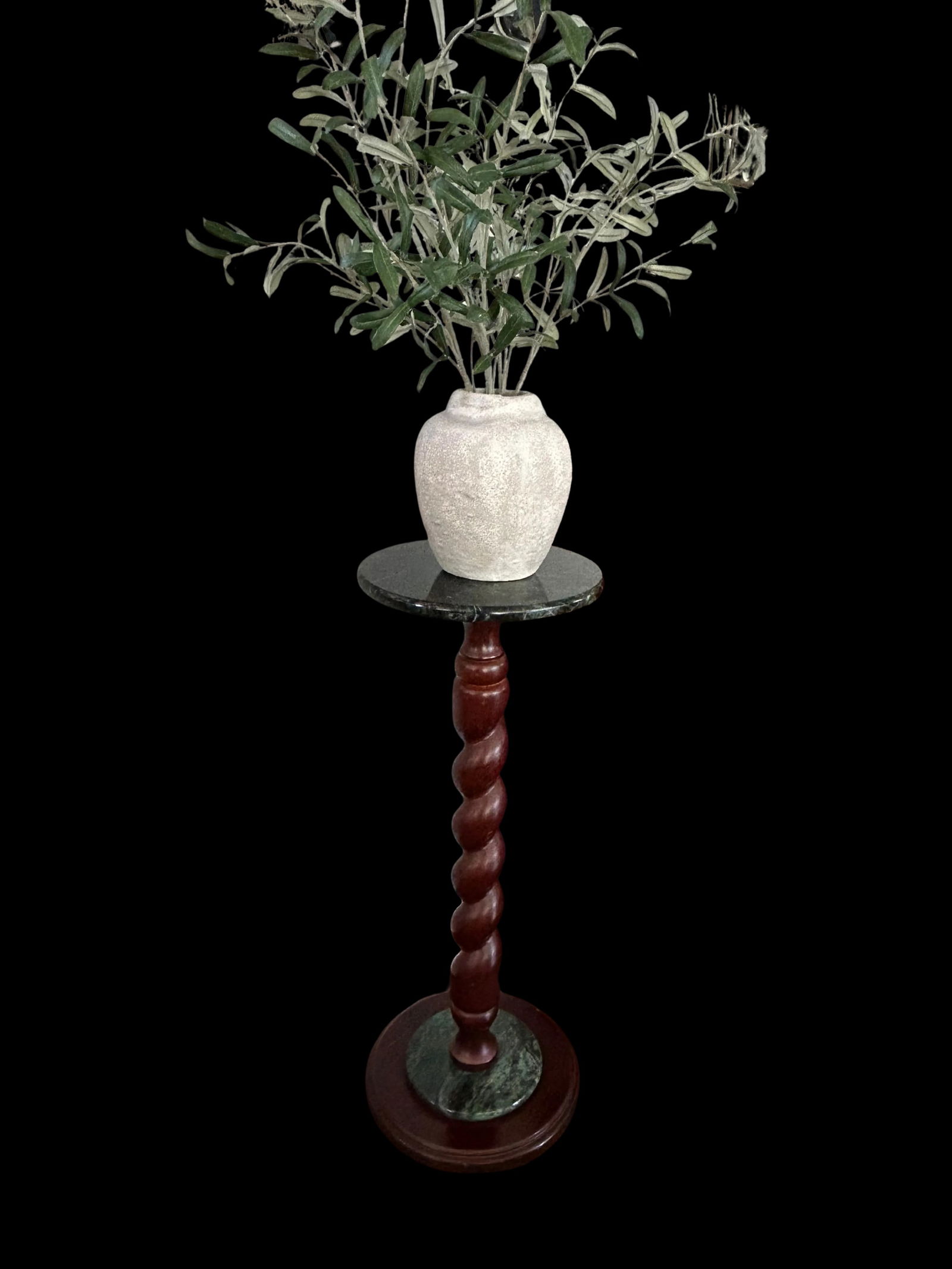 Vintage Marble Top Pedestal or Plant Stand Barley Twist Mahogany Base, Jacobean Style - 5