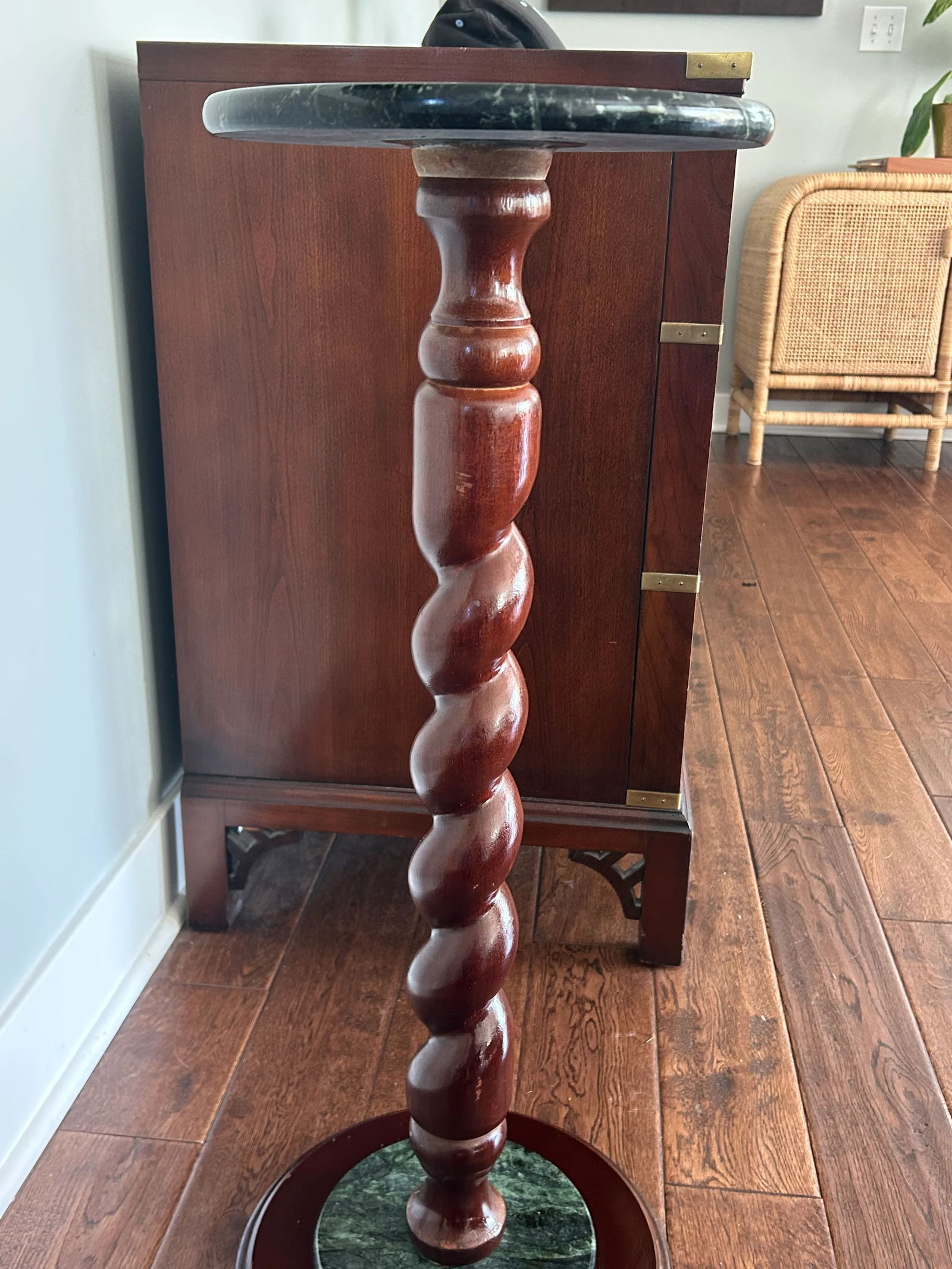 Vintage Marble Top Pedestal or Plant Stand Barley Twist Mahogany Base, Jacobean Style - 6