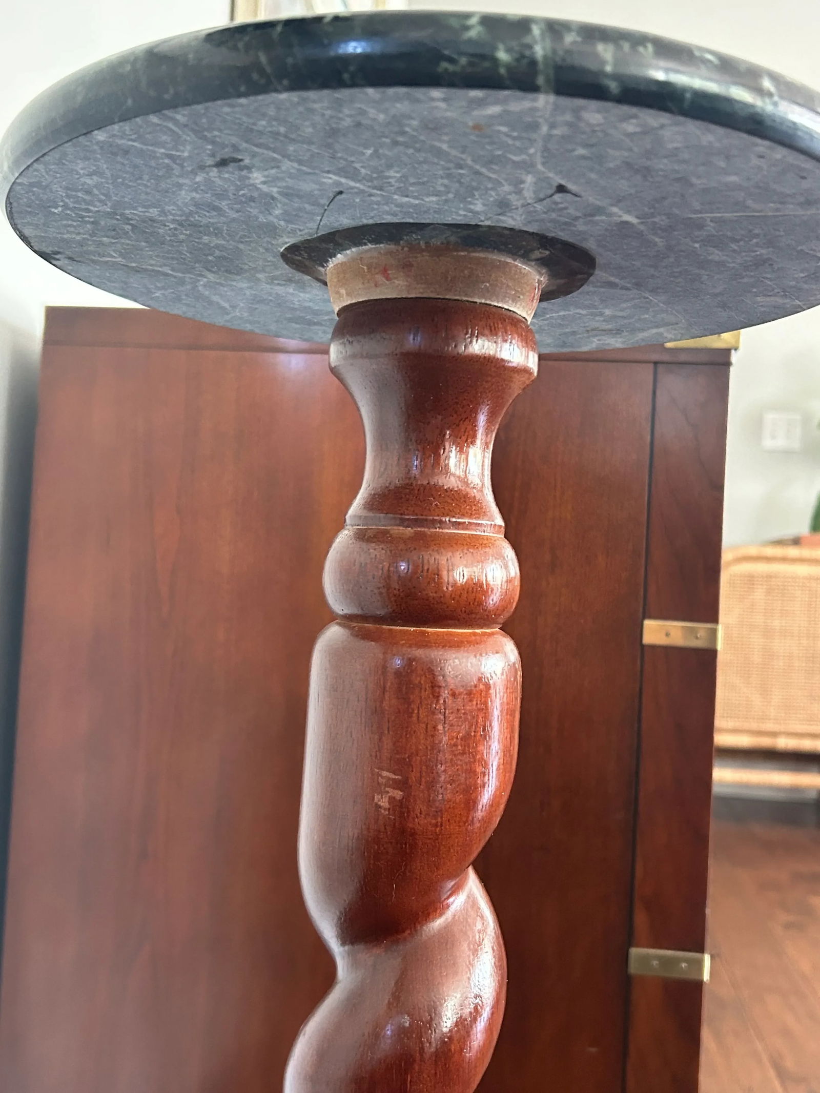 Vintage Marble Top Pedestal or Plant Stand Barley Twist Mahogany Base, Jacobean Style - 7