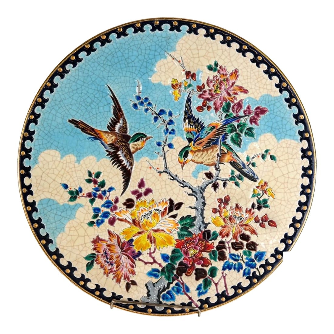 1960s Emaux De Longwy Floral Large Charger Signed Paul Mignon: Superbly decorated charger by prominent French artist Paul Mignon (1930 - 2012) for Parisian design house, Emaux de Longwy. As a young apprentice for the FaÃ¯ence Longwy factory at age 15,
