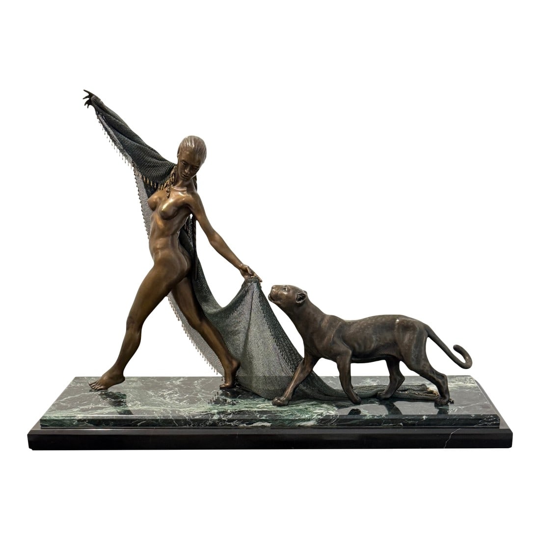 Erté-Inspired Bronze Nude With Panther on Marble Base: Late 20th century Art Deco revival bronze sculpture, inspired by Erté and French Deco sculptors such as Claire Colinet and Armand Godard. Cast in bronze and substantial in scale and weight,