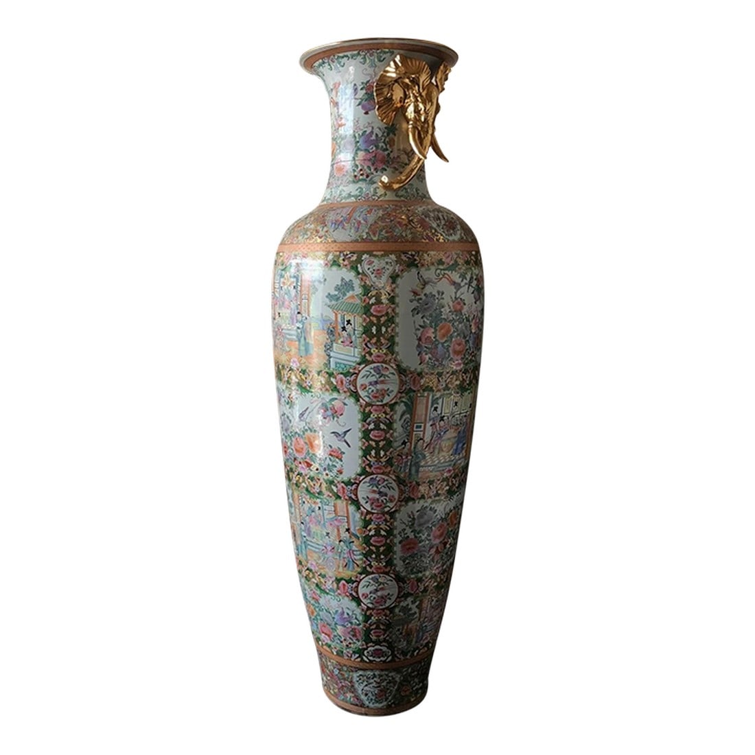 Pair of Monumental Mid-20th Century Chinese Famille Rose Palace Vases: From a prominent New York estate, this extraordinary pair of monumental Chinese Famille Rose porcelain baluster vases, each measuring 75 inches high and 26 inches wide. Produced in the mid-20th