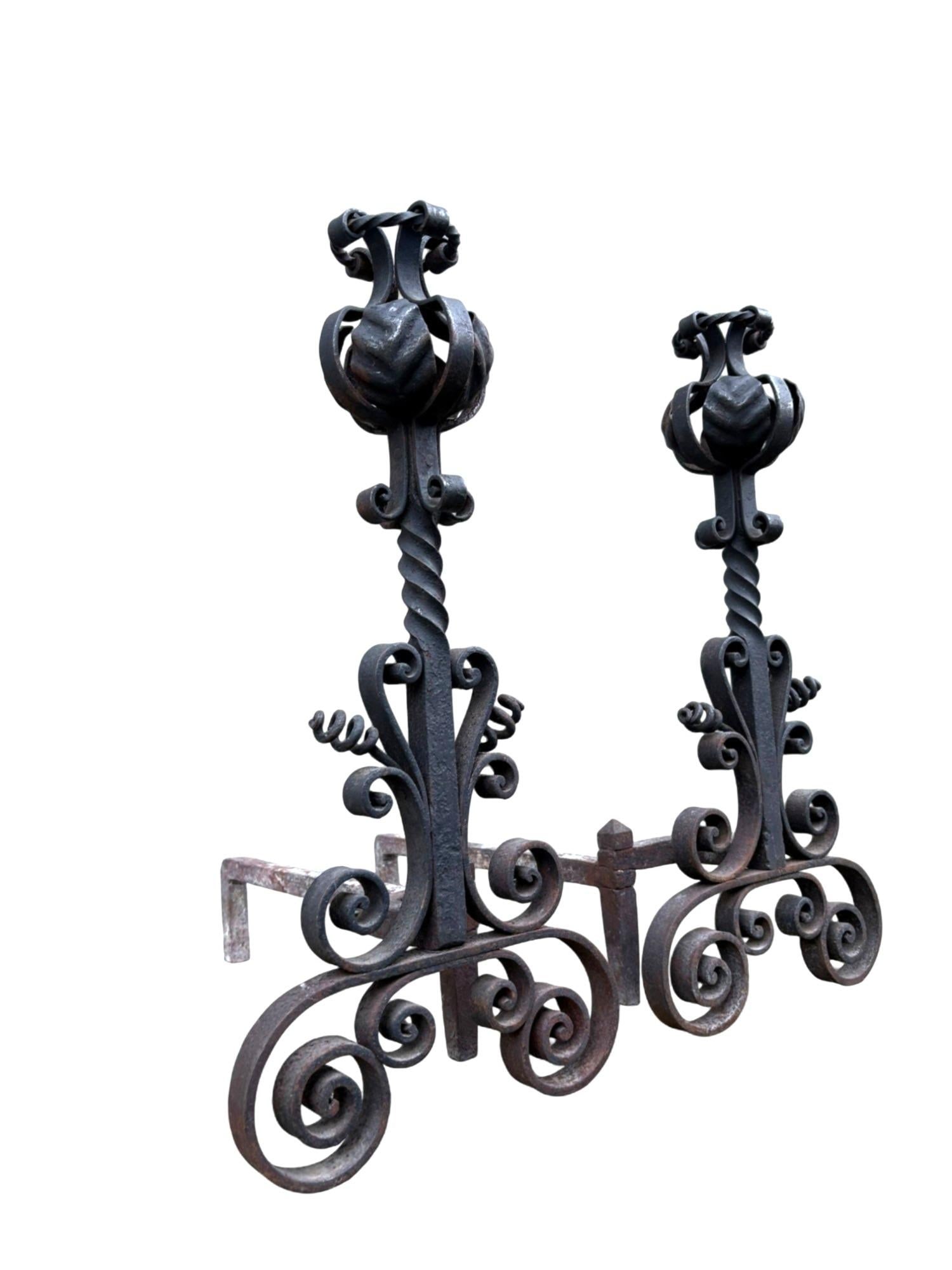 Late 19th Century Arts & Crafts Wrought Iron Pair Andirons Basket Top, Scrollwork, Spiral and Twiste - 10