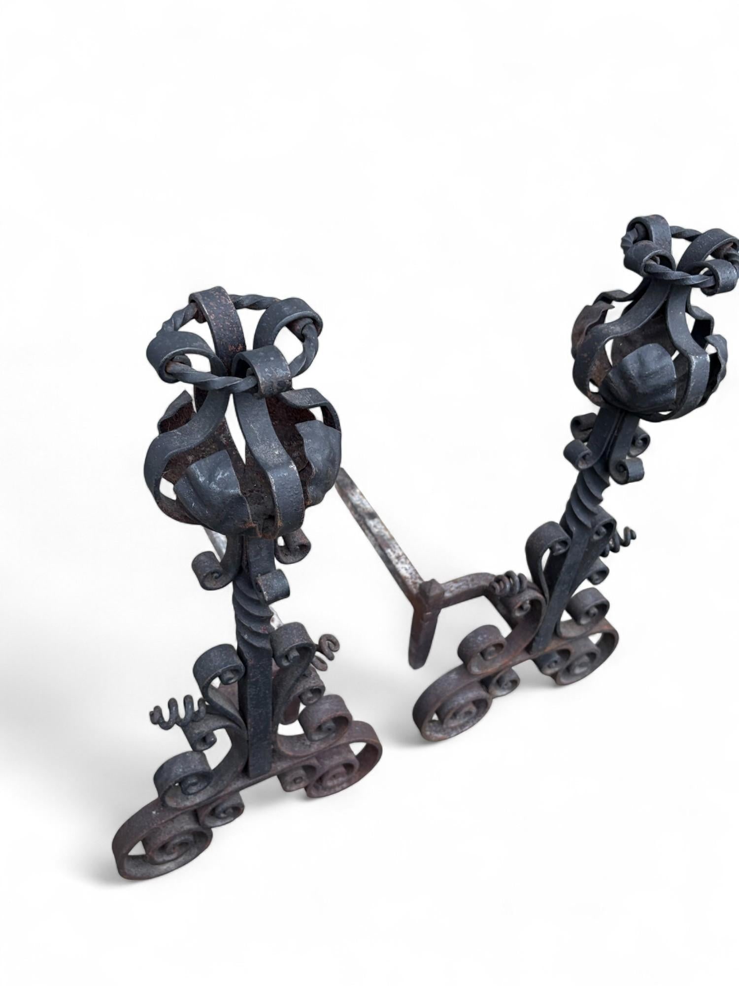 Late 19th Century Arts & Crafts Wrought Iron Pair Andirons Basket Top, Scrollwork, Spiral and Twiste - 11