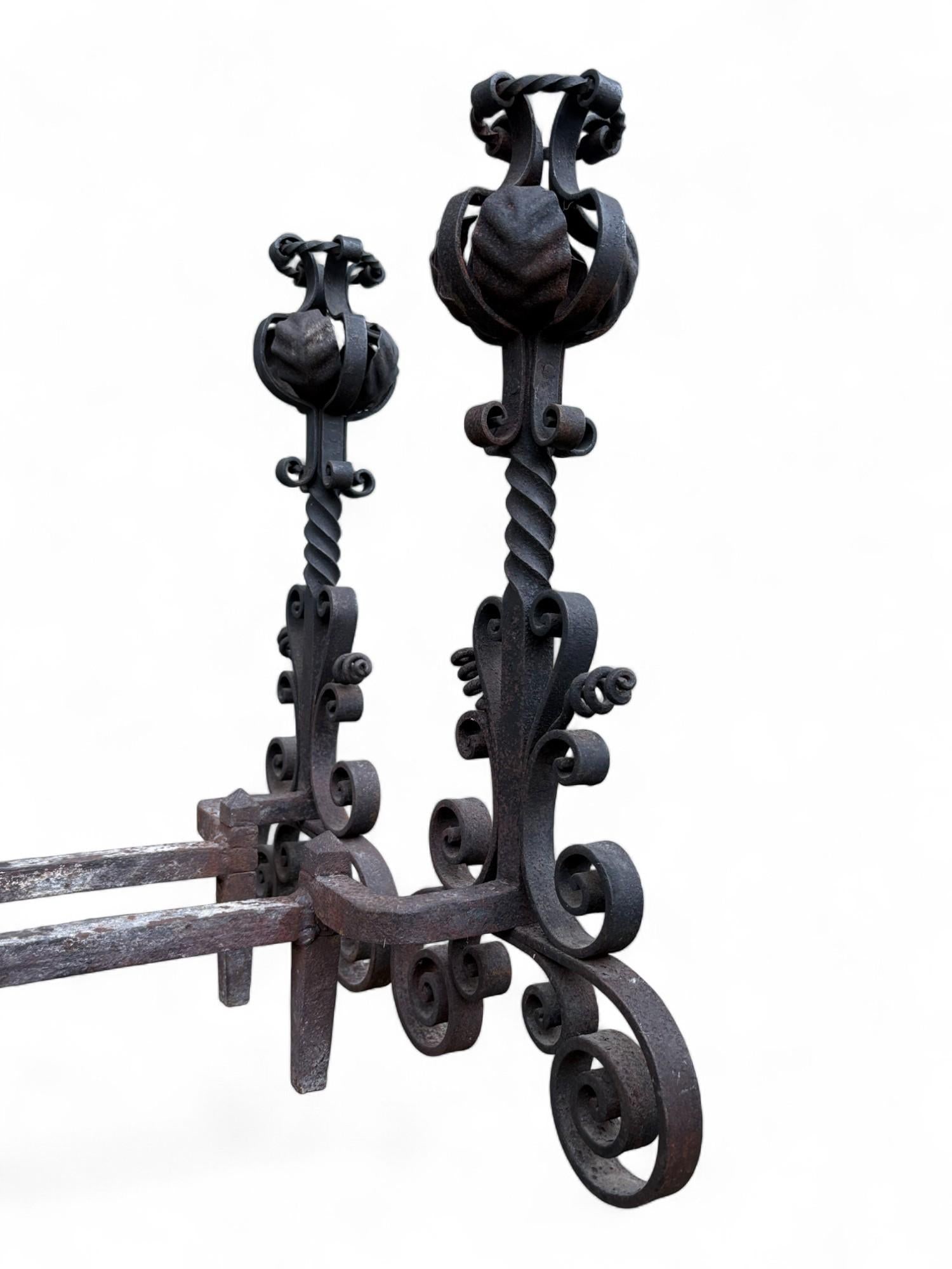 Late 19th Century Arts & Crafts Wrought Iron Pair Andirons Basket Top, Scrollwork, Spiral and Twiste - 12