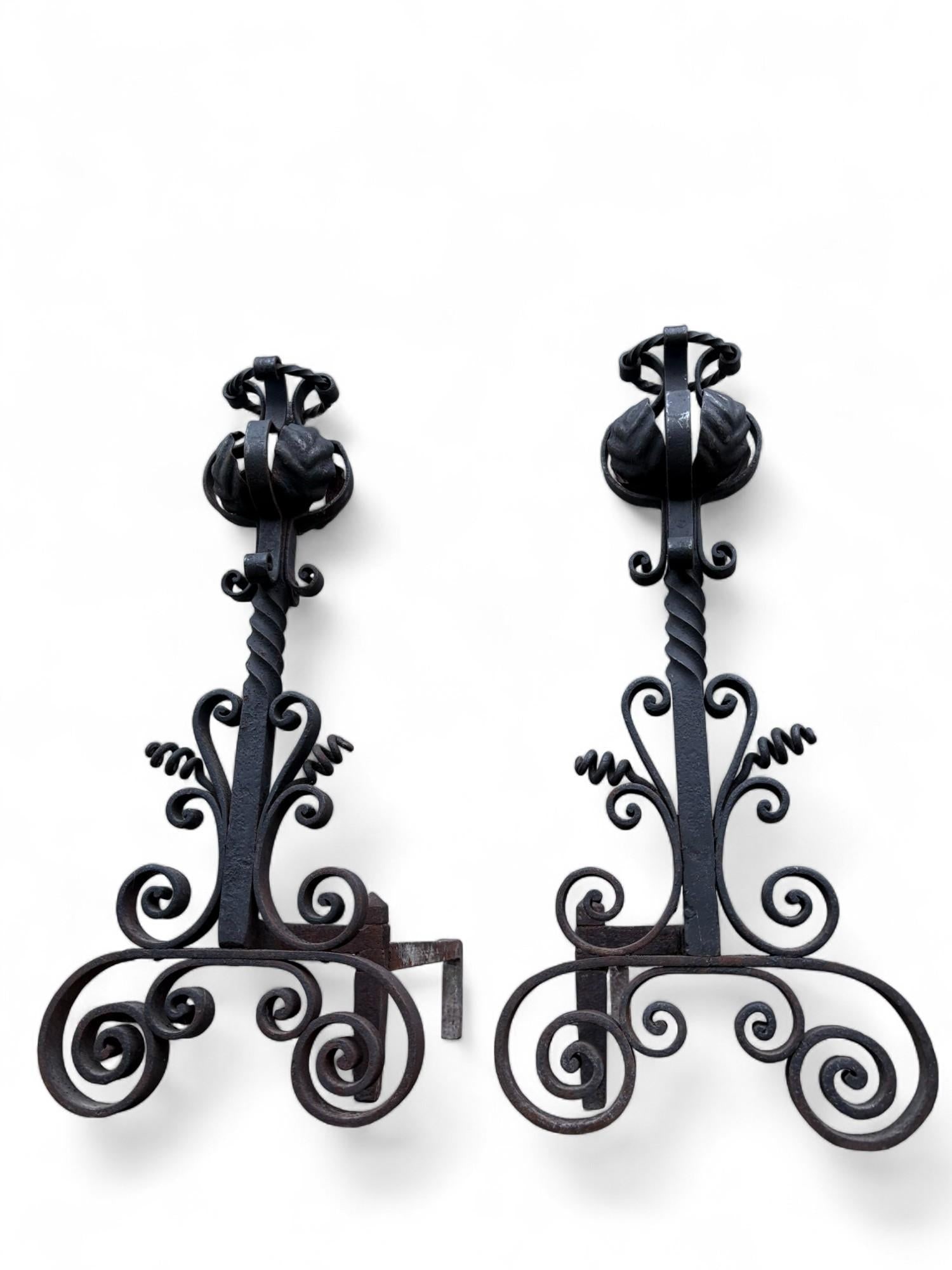 Late 19th Century Arts & Crafts Wrought Iron Pair Andirons Basket Top, Scrollwork, Spiral and Twiste - 14