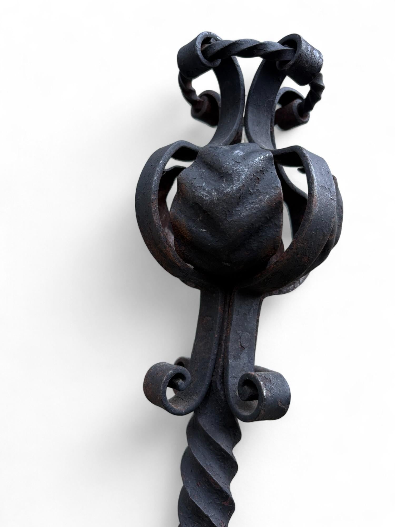 Late 19th Century Arts & Crafts Wrought Iron Pair Andirons Basket Top, Scrollwork, Spiral and Twiste - 15