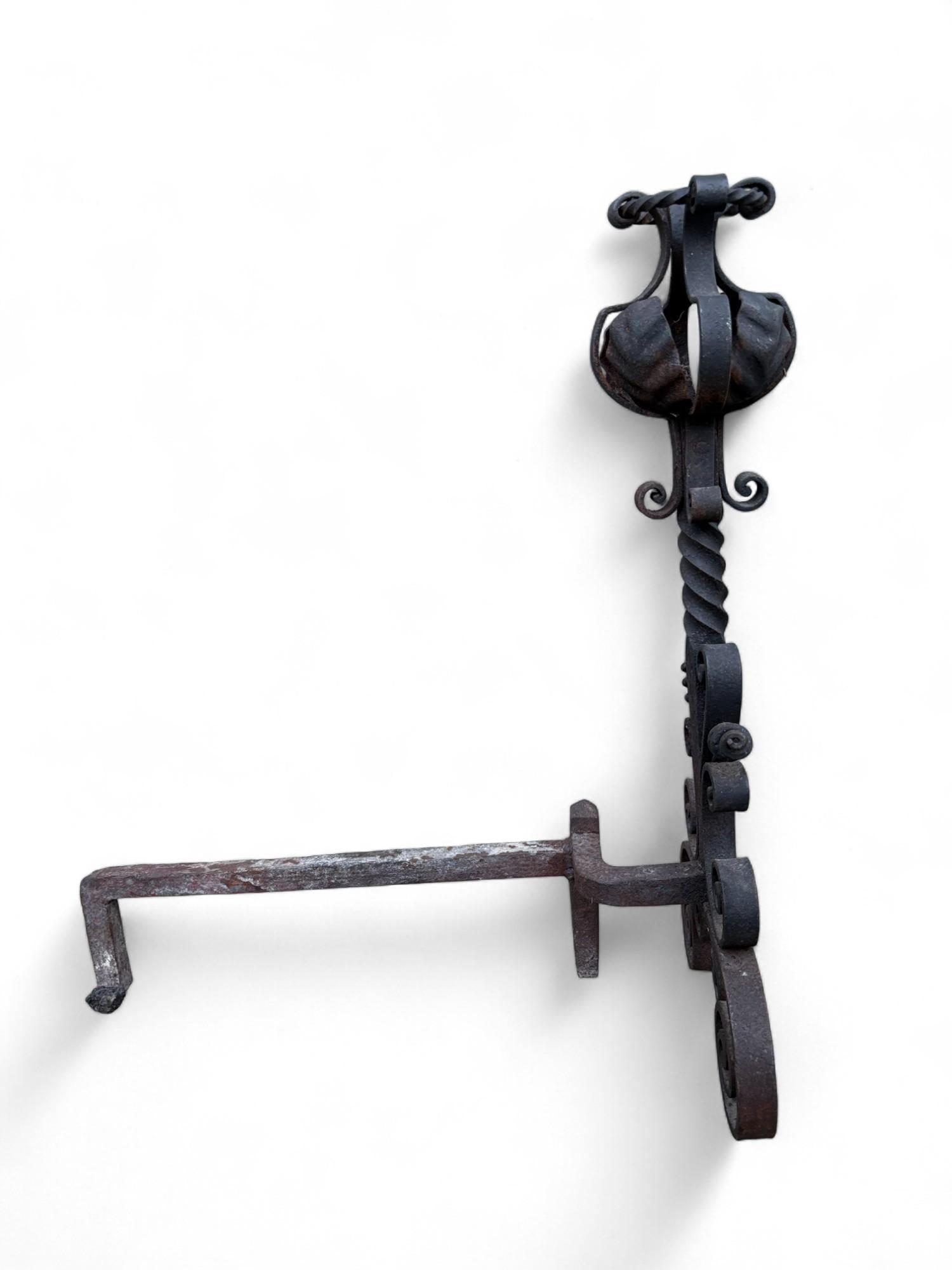 Late 19th Century Arts & Crafts Wrought Iron Pair Andirons Basket Top, Scrollwork, Spiral and Twiste - 16