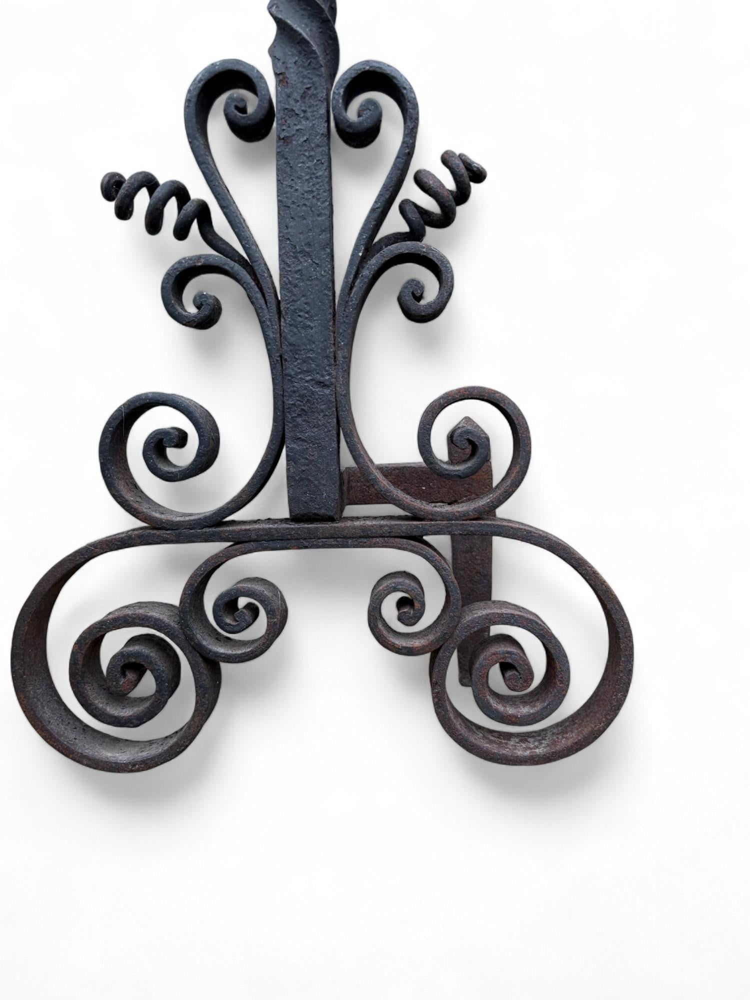 Late 19th Century Arts & Crafts Wrought Iron Pair Andirons Basket Top, Scrollwork, Spiral and Twiste - 17