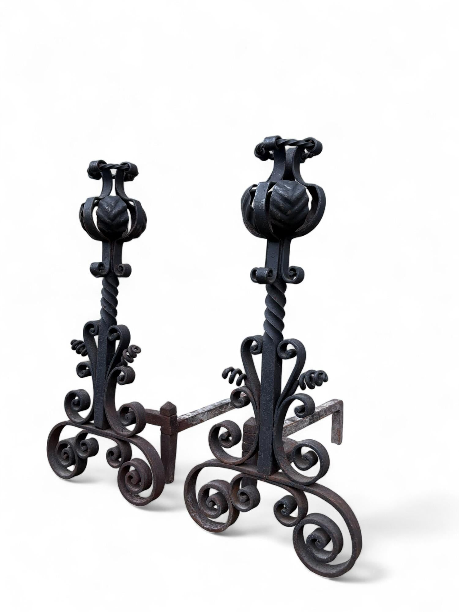 Late 19th Century Arts & Crafts Wrought Iron Pair Andirons Basket Top, Scrollwork, Spiral and Twiste - 18