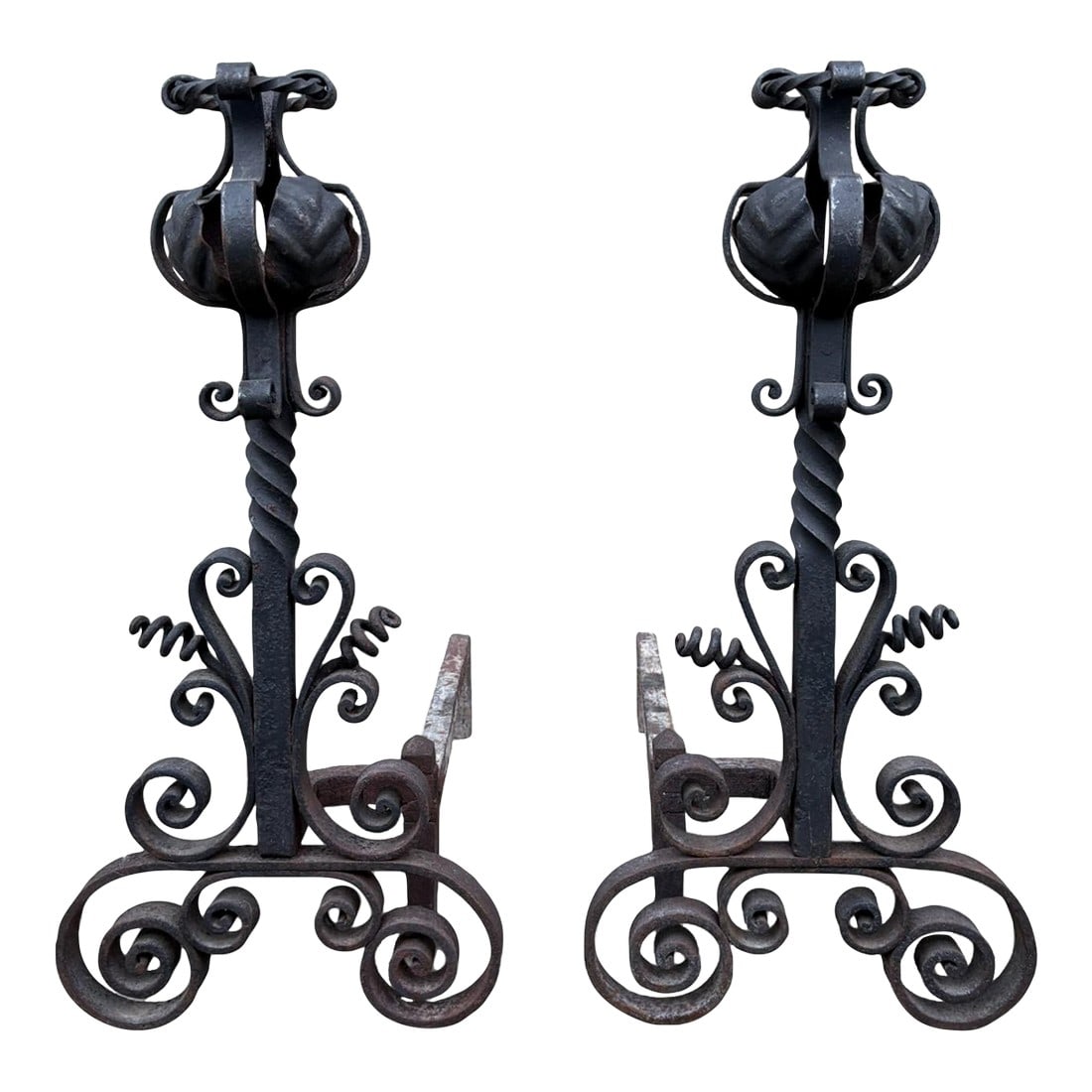 Late 19th Century Arts & Crafts Wrought Iron Pair Andirons Basket Top, Scrollwork, Spiral and Twiste (1 of 18)