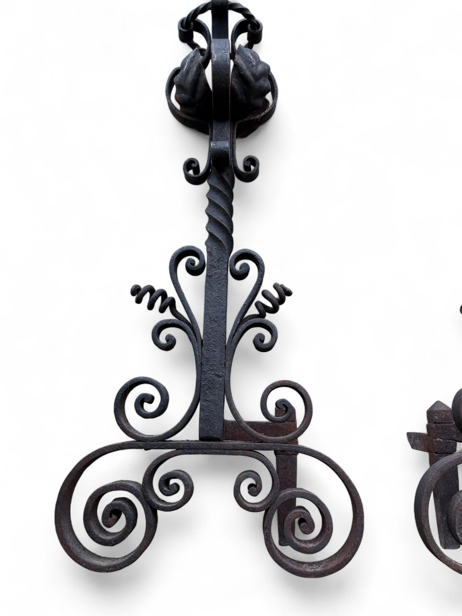 Late 19th Century Arts & Crafts Wrought Iron Pair Andirons Basket Top, Scrollwork, Spiral and Twiste - 2