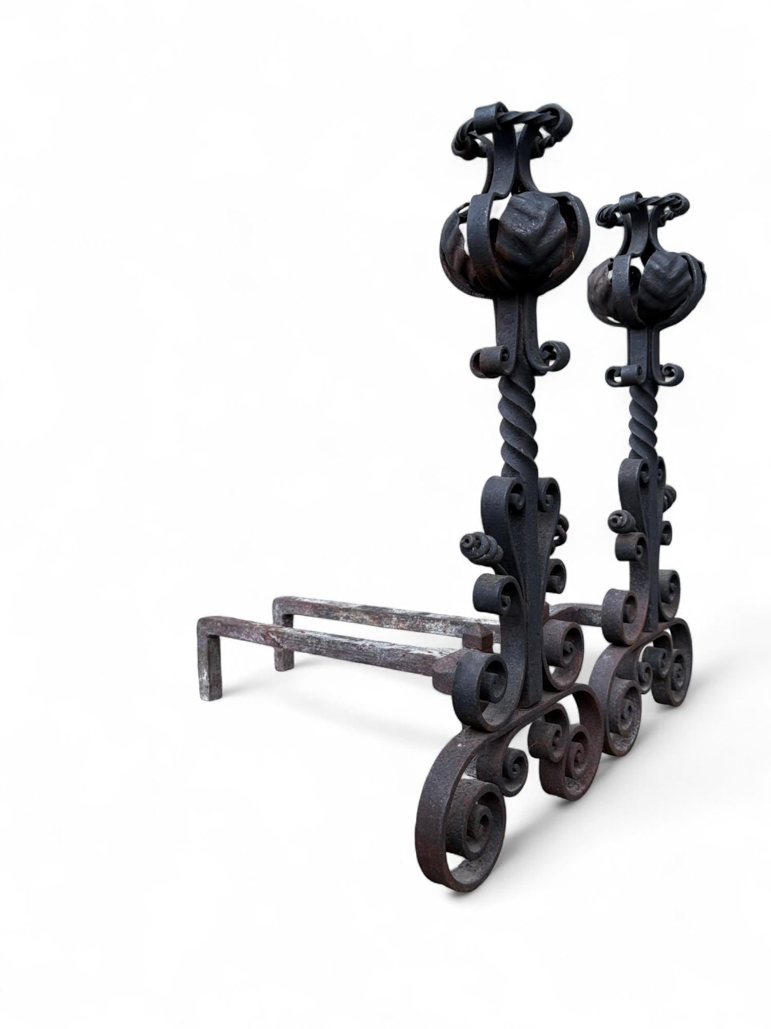 Late 19th Century Arts & Crafts Wrought Iron Pair Andirons Basket Top, Scrollwork, Spiral and Twiste - 3