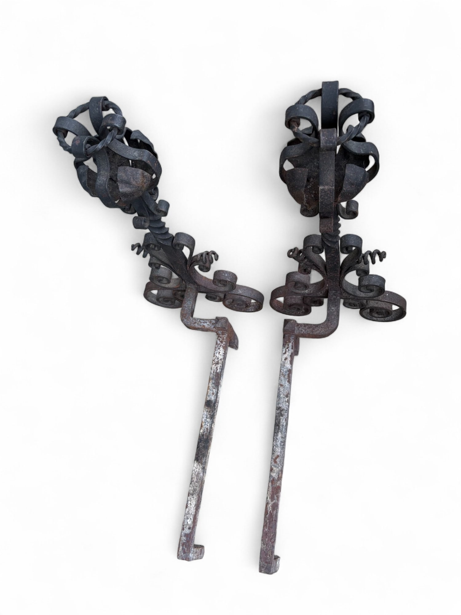 Late 19th Century Arts & Crafts Wrought Iron Pair Andirons Basket Top, Scrollwork, Spiral and Twiste - 4